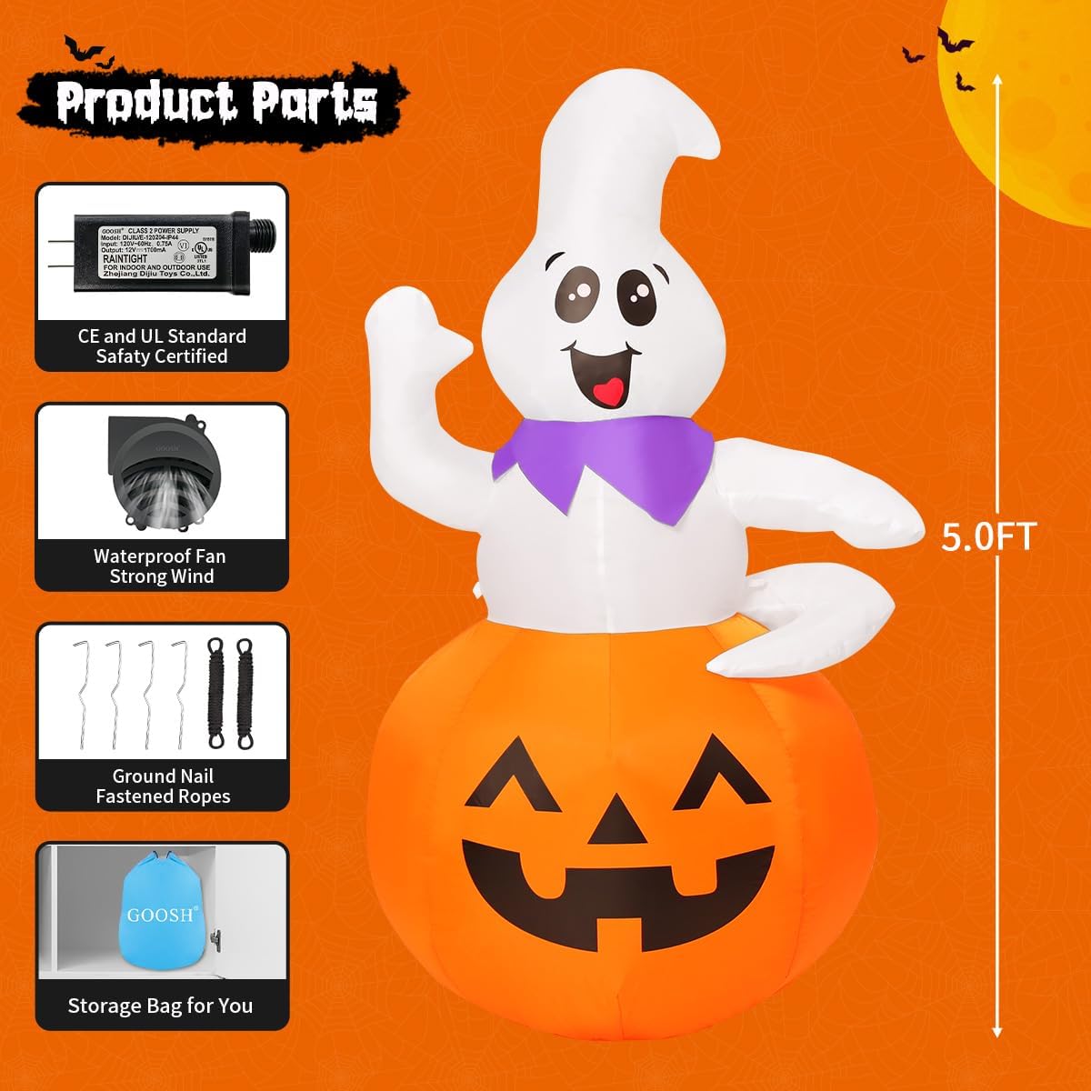 GOOSH 5 FT Halloween Inflatable Outdoor Ghost Sitting on The Pumpkin, Blow Up Yard Decoration