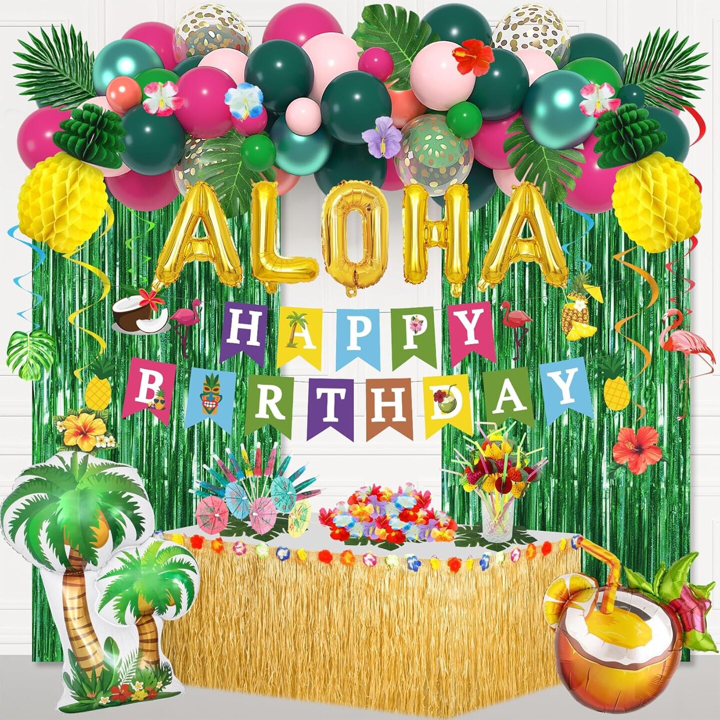 Hawaiian Summer Party Decorations with Banners, Balloons, Curtains, Table Skirt, and Cupcake Toppers
