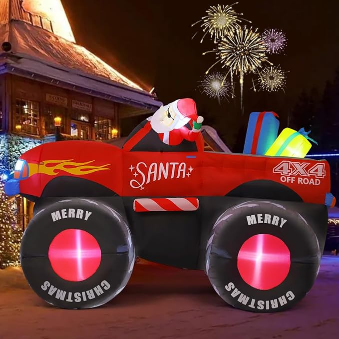 GOOSH 7.5 FT Long Christmas Inflatables Santa Claus Snowman with Presents on Truck with Built-in LEDs