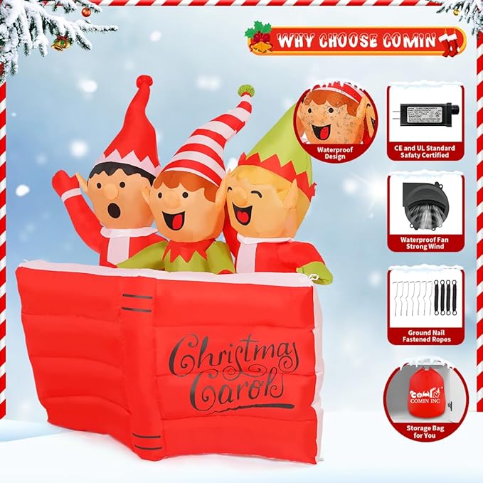 GOOSH 5 FT Christmas Inflatables Elf High Scripture Reading Book with Built-in LEDs