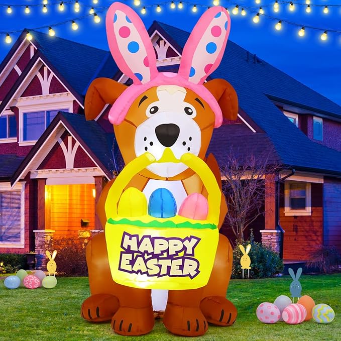 GOOSH 5.2 FT Easter Inflatables Cute Dog with Easter Eggs with Built-in LEDs