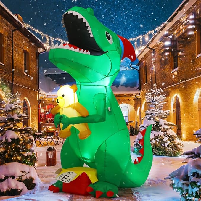 GOOSH 7 FT Christmas Inflatables Dinosaur T Rex with Xmas Hat Holding a Bear with Built-in LEDs