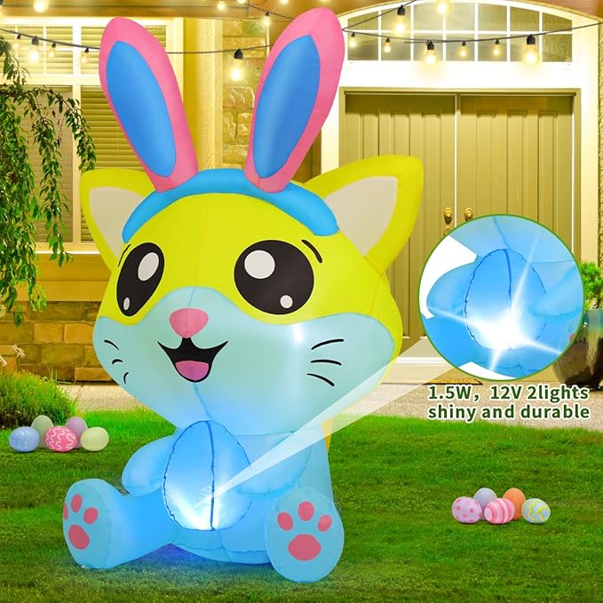GOOSH 5 FT Easter Inflatables Cat with Eggs Rabbit Ears with Built-in LEDs