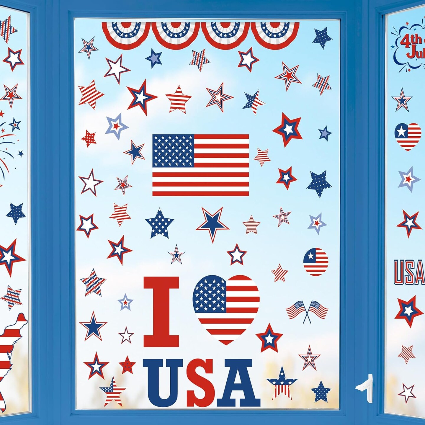 158 Pcs 4th of July Window Clings, 9 Sheets Patriotic Window (Red White Blue)