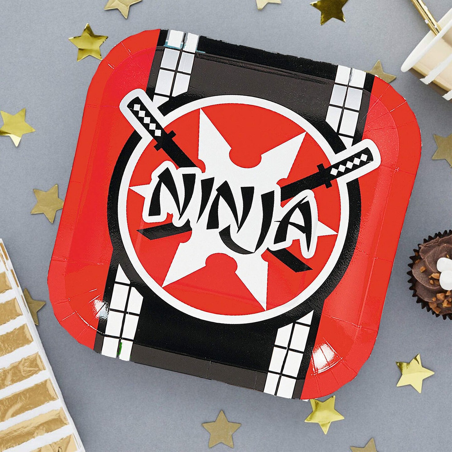 8 Ct Ninja Warrior Party Dessert Plates 7" Square Red & Black Ninja Star Design