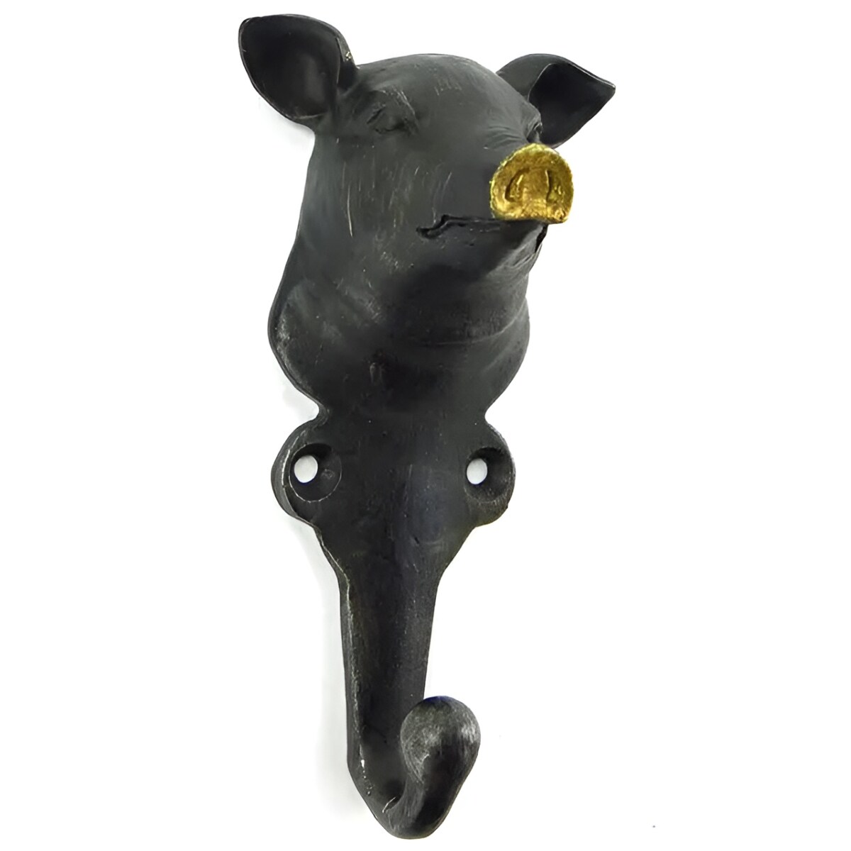 Cast Pewter Pig Wall Hook Black Finish Gold Nose Decorative Hook 5 Inch
