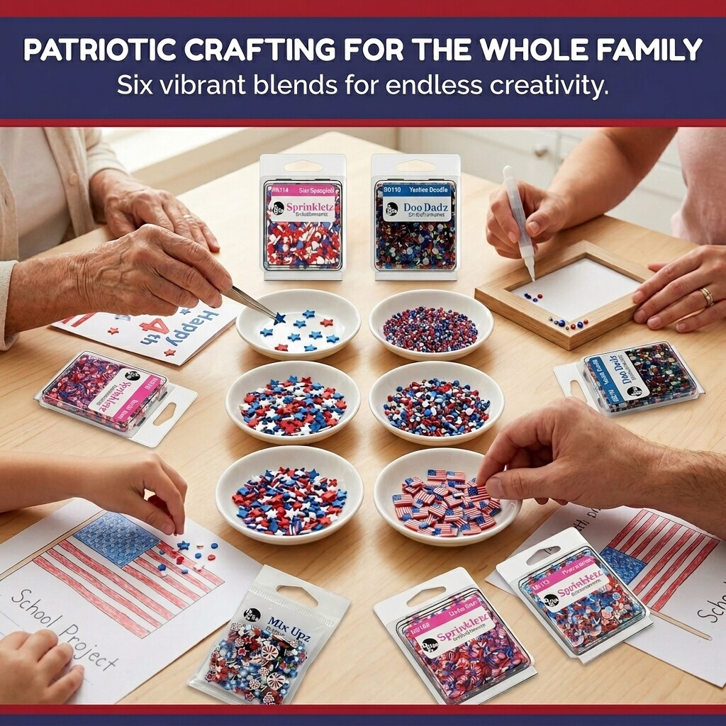 Patriotic Craft Embellishment Variety Pack – 6 Pack Red, White & Blue Polymer Clay Pieces, Gems, Beads & Rhinestones
