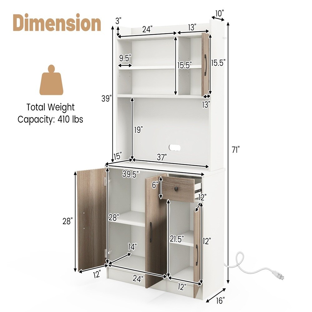 White Walnut Buffet Sideboard Kitchen Storage 9 Shelves USB AC Outlets