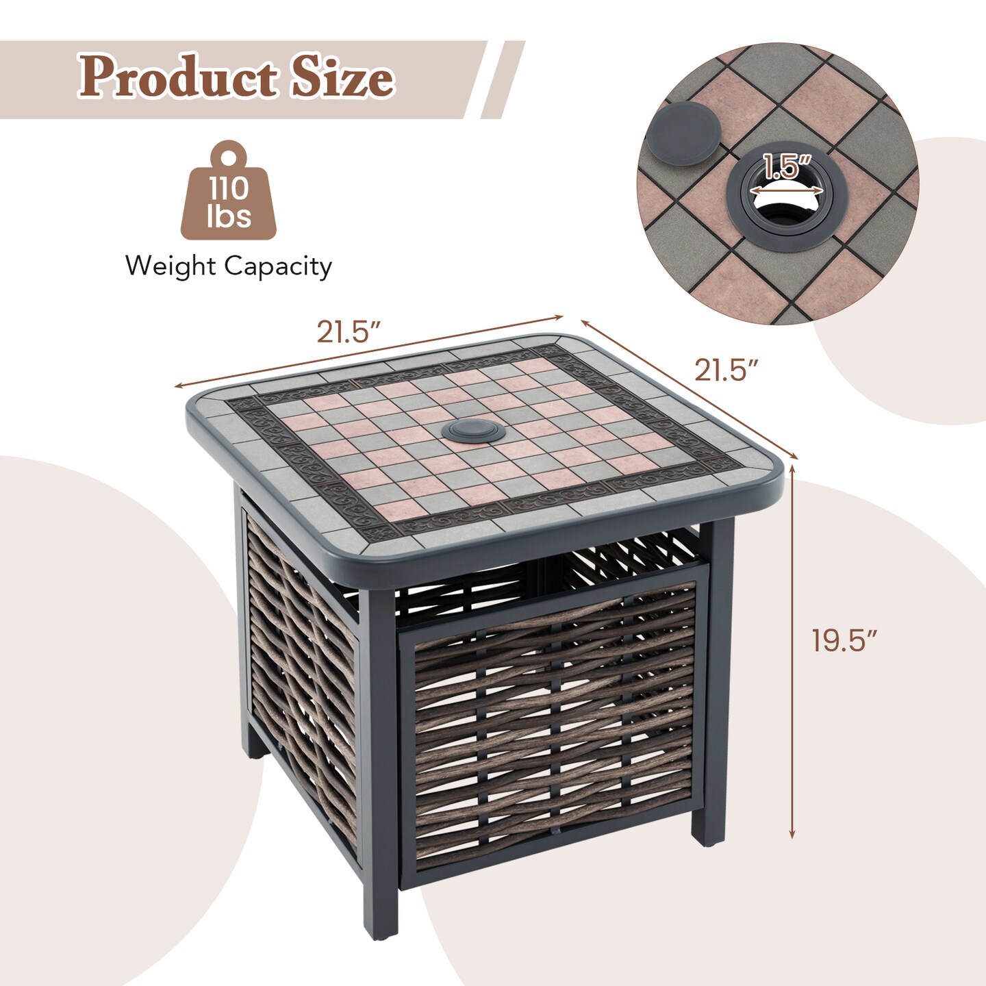 Patio Side Table 21.5 Inch Square PE Rattan Resin Metal Black Brown