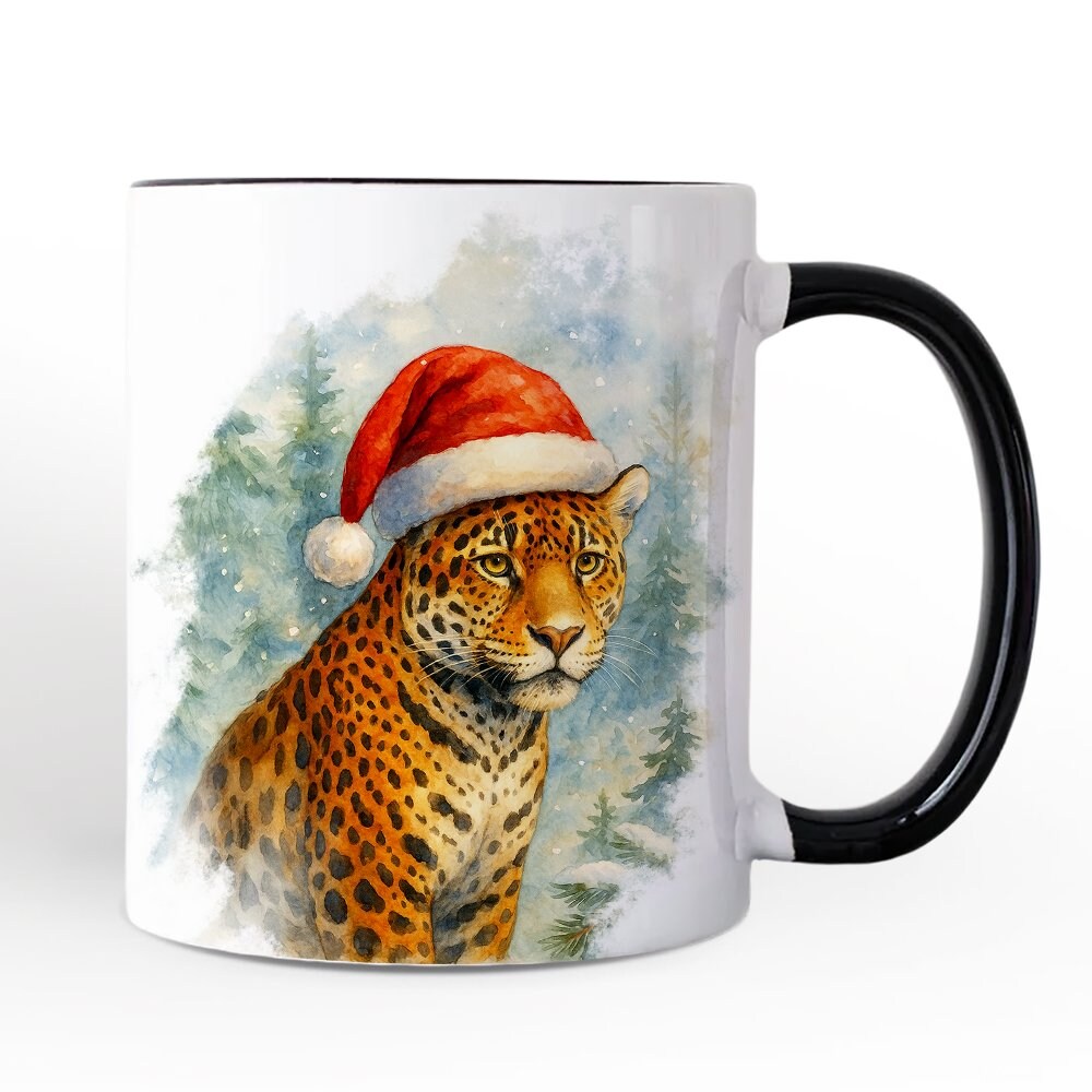 Watercolor Jaguar in Santa Hat Christmas Mug, Exotic Wildlife Holiday Gift