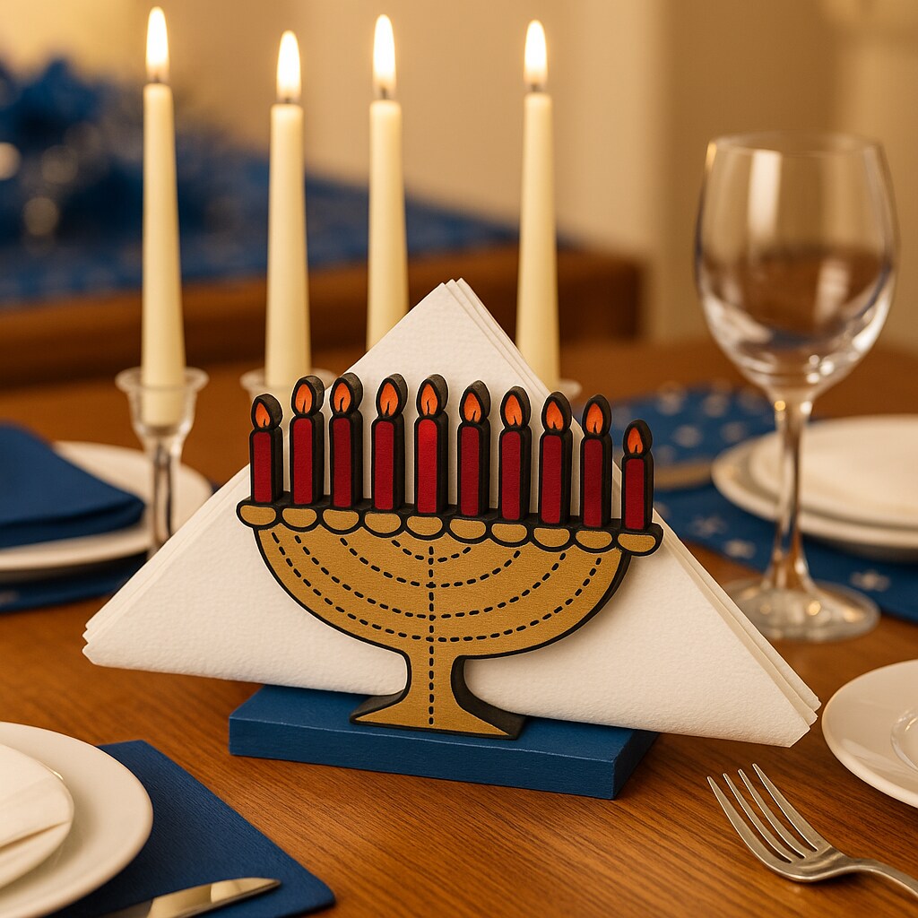 Wooden Menorah Napkin Holder – Hanukkah Table Decor & Judaica Holiday Accessory, 4" x 4"