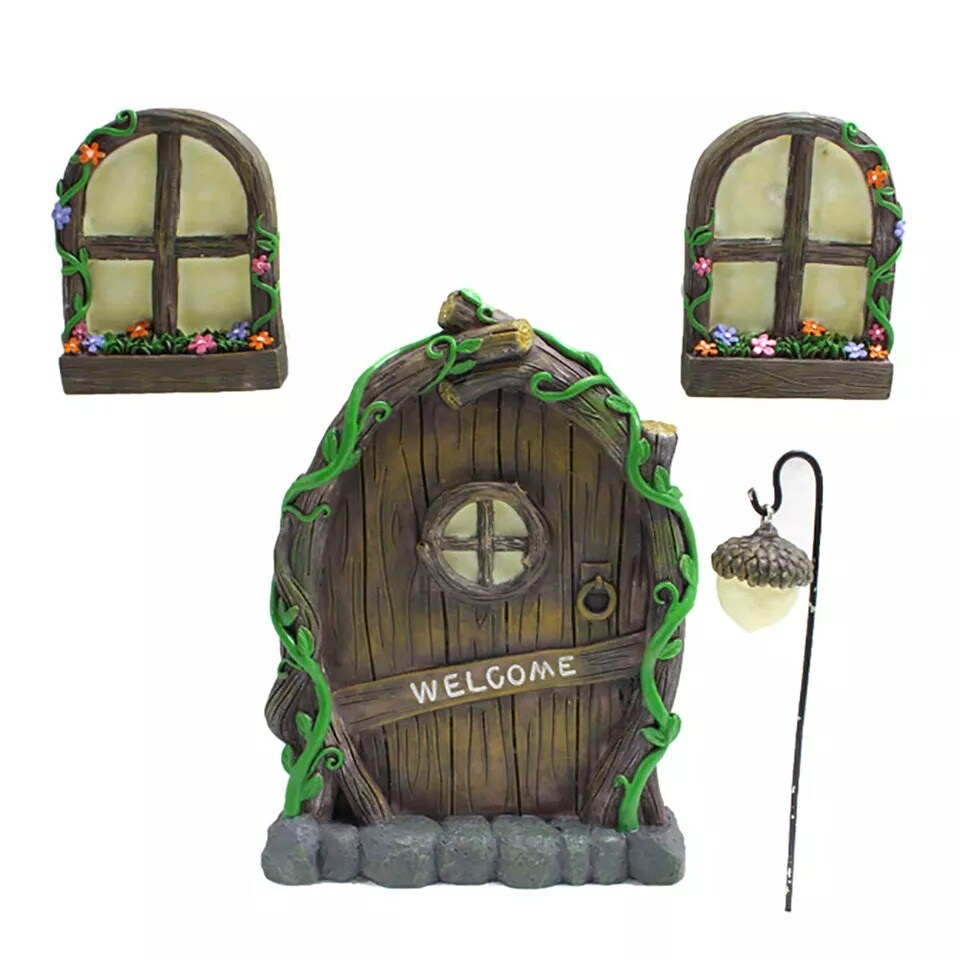 Miniature Fairy Gnome Door Window Lamp For Trees Yard Art Garden Sculpture Decor