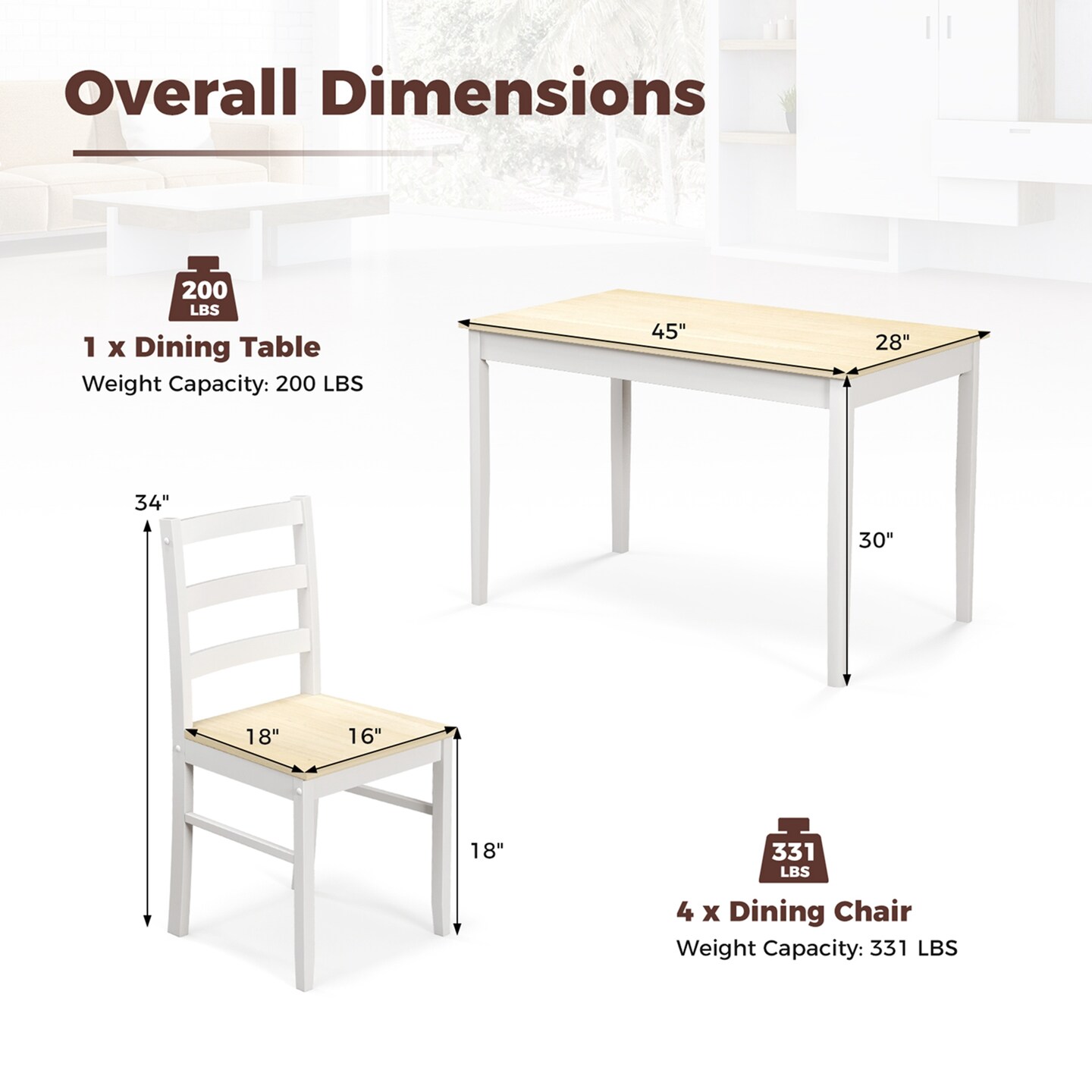 Costway 5-Piece Dining Set Solid Wood Kitchen Furniture with Rectangular Table &#x26; 4 Chairs Natural/Coffee/Grey