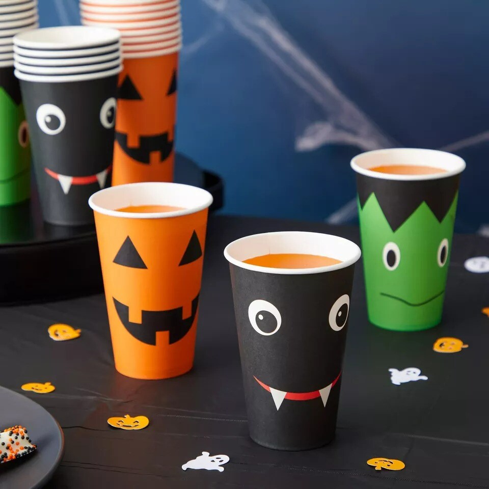 48 Pack Halloween Paper Cups,12 oz Disposable Pumpkin Bat Frankenstein for Party