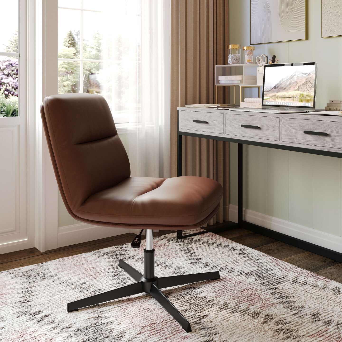 Merrick Lane Biel Mid-Back Height-Adjustable Stationary Armless Swivel Office Chair - Padded Upholstered Back and Seat, Strong Frame