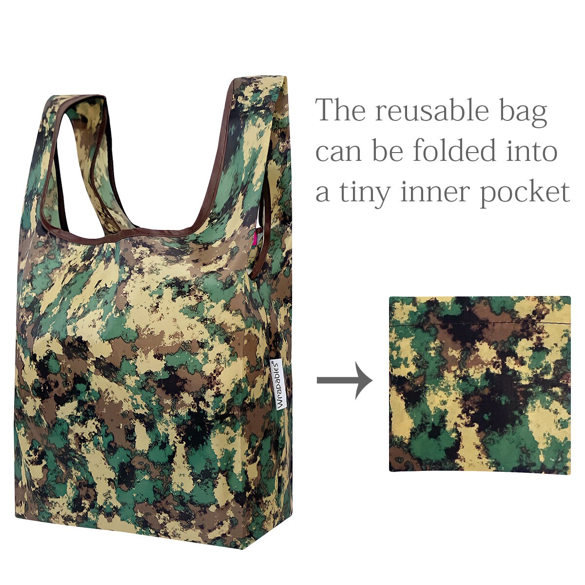 Wrapables Small JoliBag Nylon Reusable Grocery Bag, 2 Pack, Camouflage Green