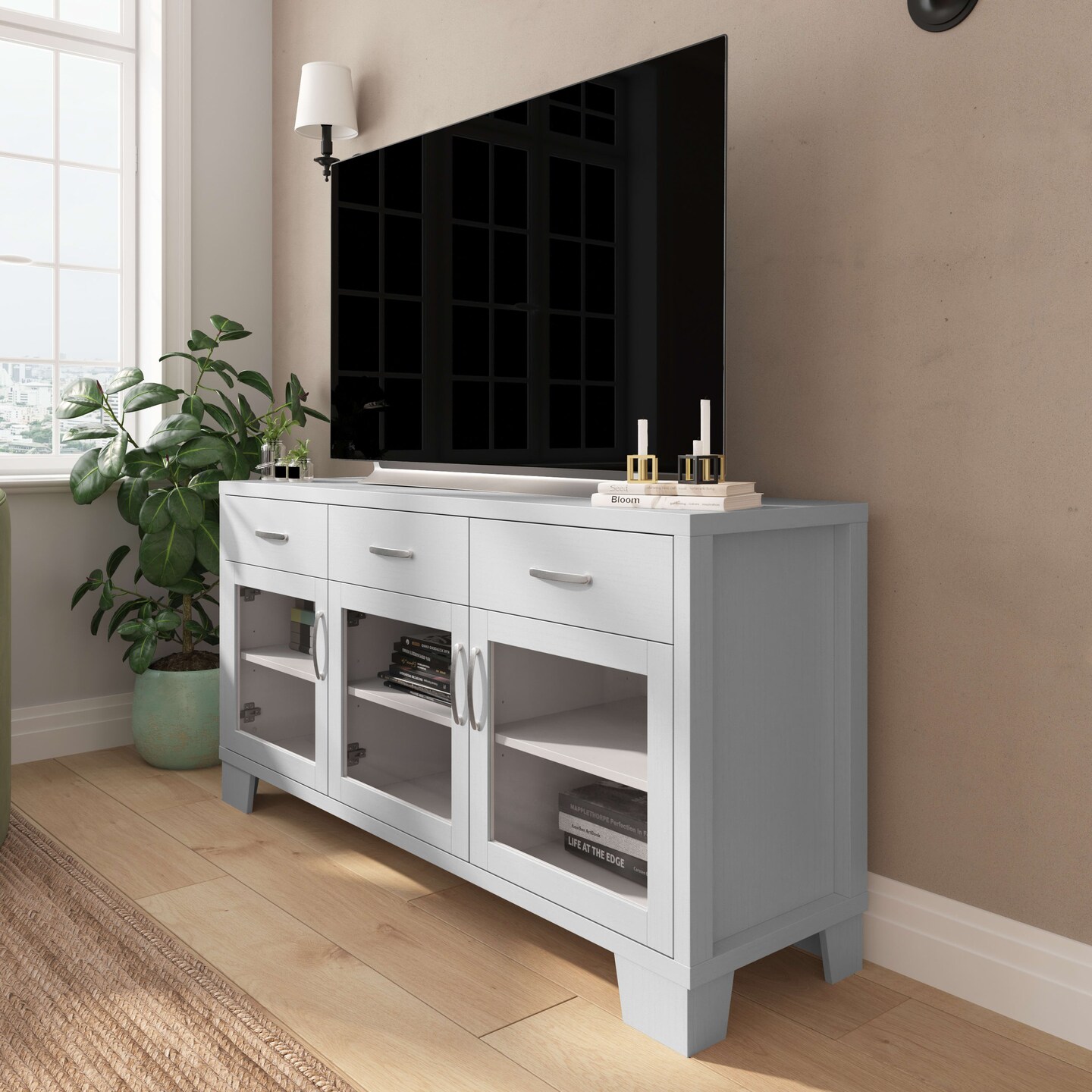 Merrick Lane Samson Three-Drawer Engineered Wood Buffet Sideboard Cabinet with Three Tempered Glass Cabinet Doors for Dining Room/Kitchen