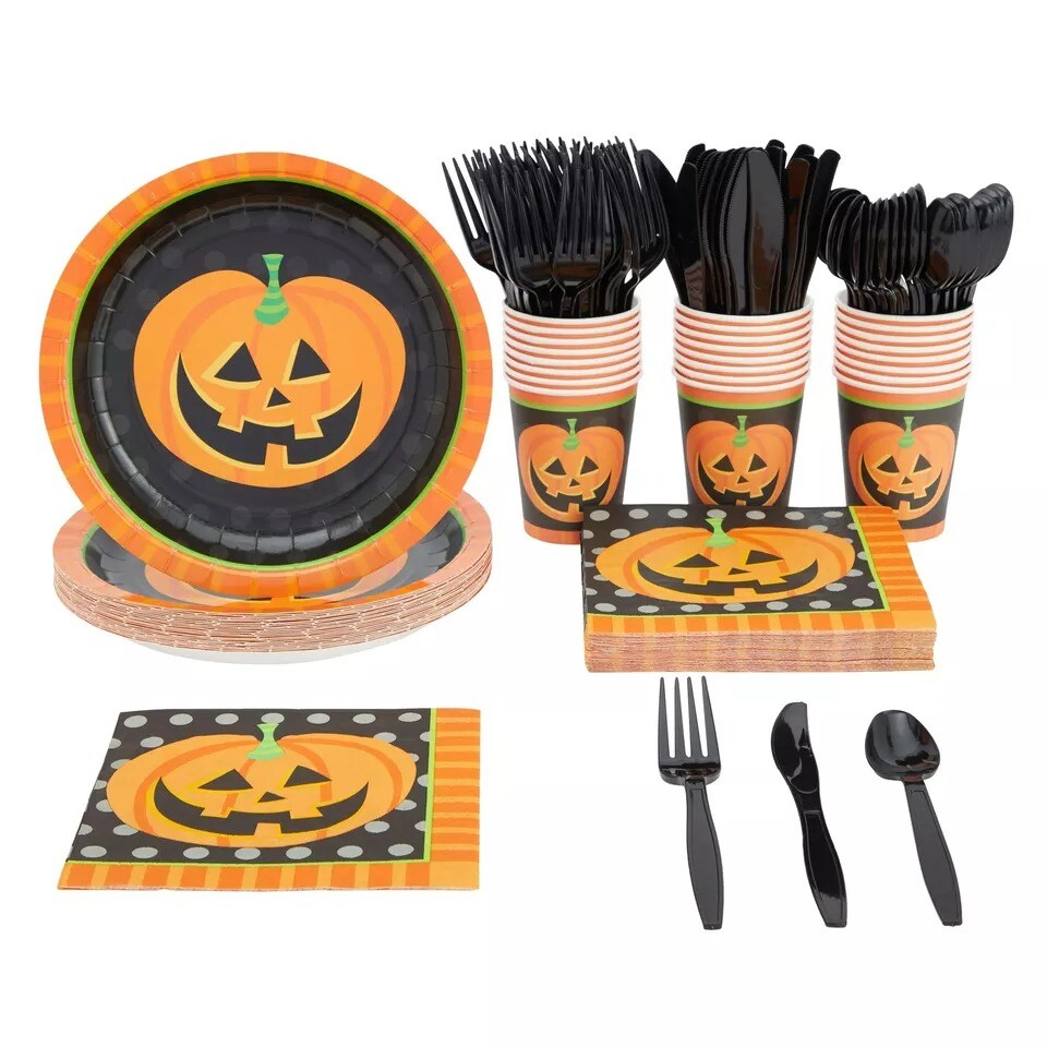 144 Piece Halloween Party Plates with Pumpkin Napkins, Cups, Cutlery, Serves 24