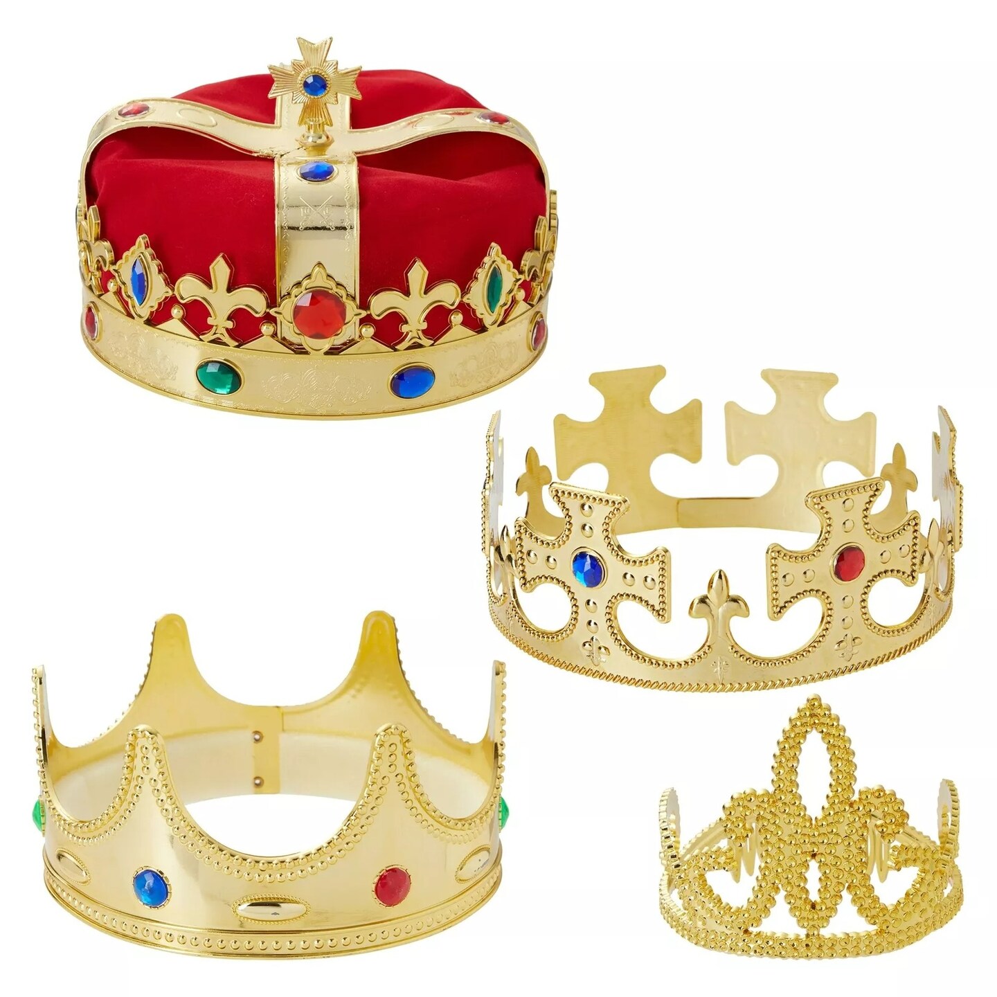 4-Pack King and Queen Crown Set Jeweled Halloween Costume Accessory, Party Hat