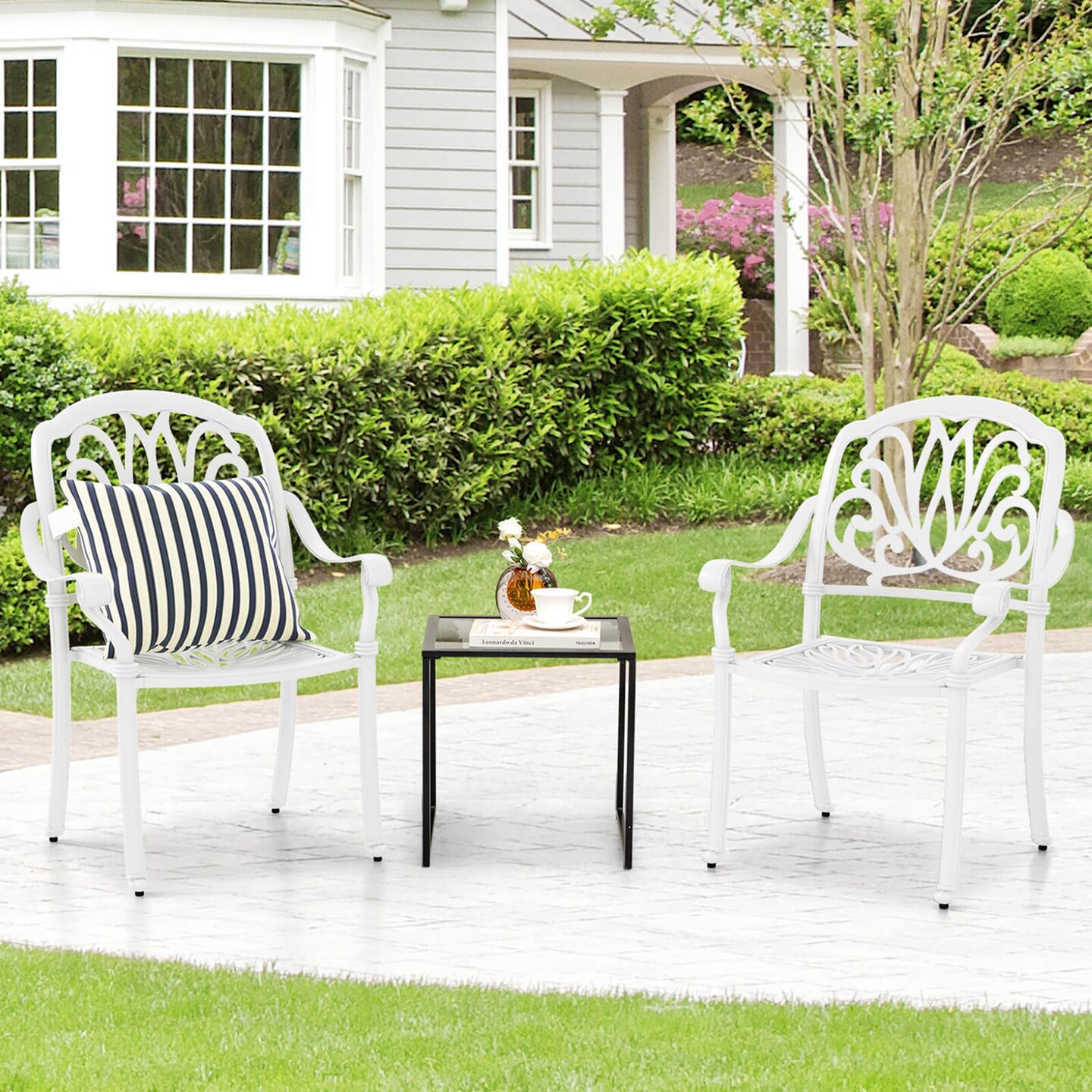 Costway 2 PCS Patio Cast Aluminum Dining Chairs Armrests Outdoor Stackable Brown/White