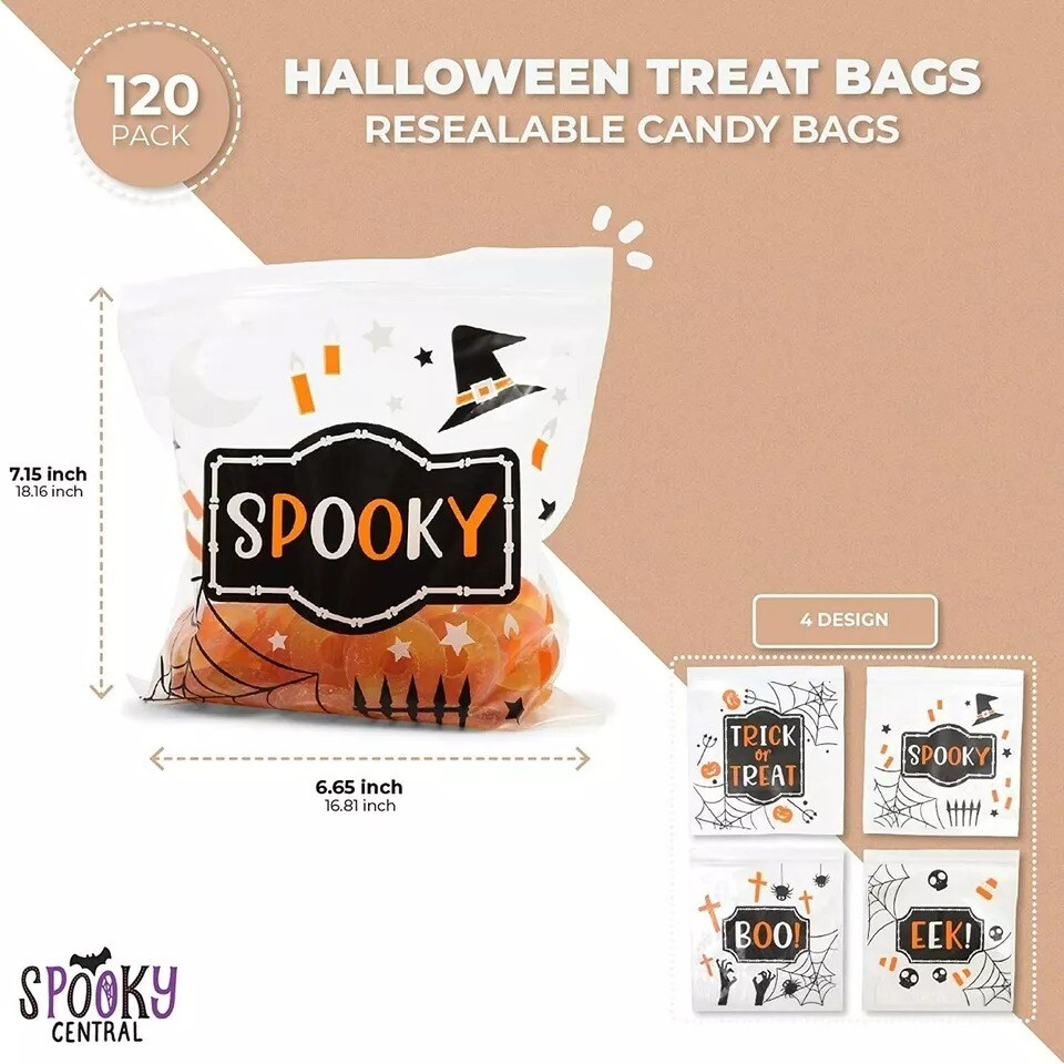 120 Pack Halloween Bags for Trick or Treat, Resealable Candy Goodie Food Storage