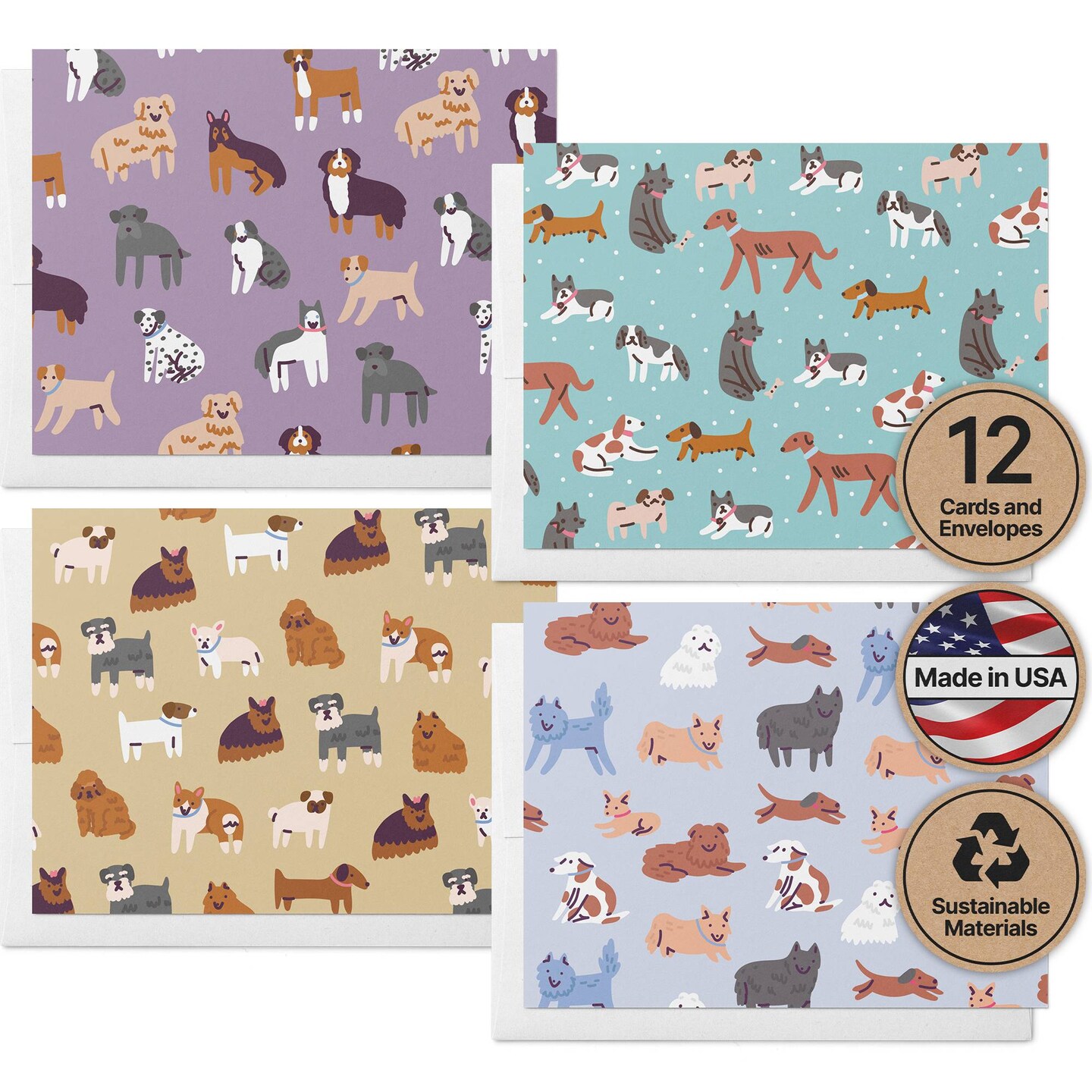 Twigs Paper - Paw Prints Dog Greeting Card 12-Count - Assorted Dog Breed Cards with Envelopes - Dog Lover Blank Note Cards - Eco-Friendly Recycled Paper - Made in USA (5.5 x 4.25)