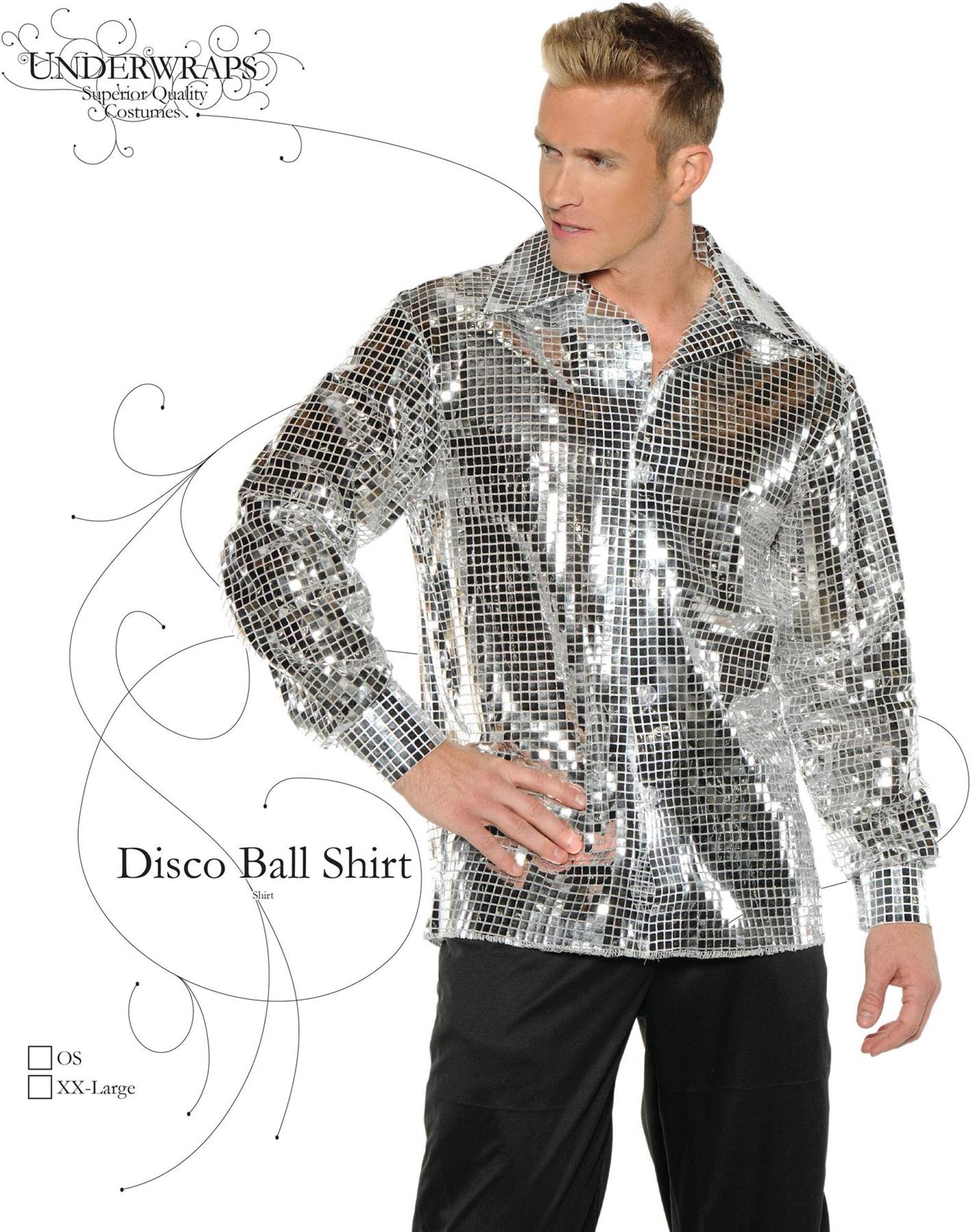 Silver Disco Ball Shirt Metallic 70s retro adult Mens Shirt Halloween Costume XL
