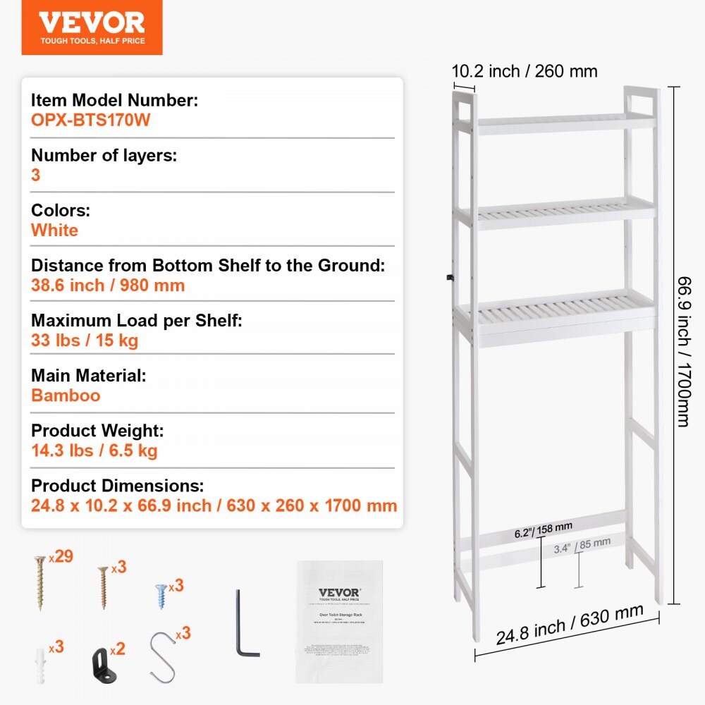 3-Tier Over Toilet Bathroom Organizer, Bamboo Shelf with 3 Hooks, Freestanding
