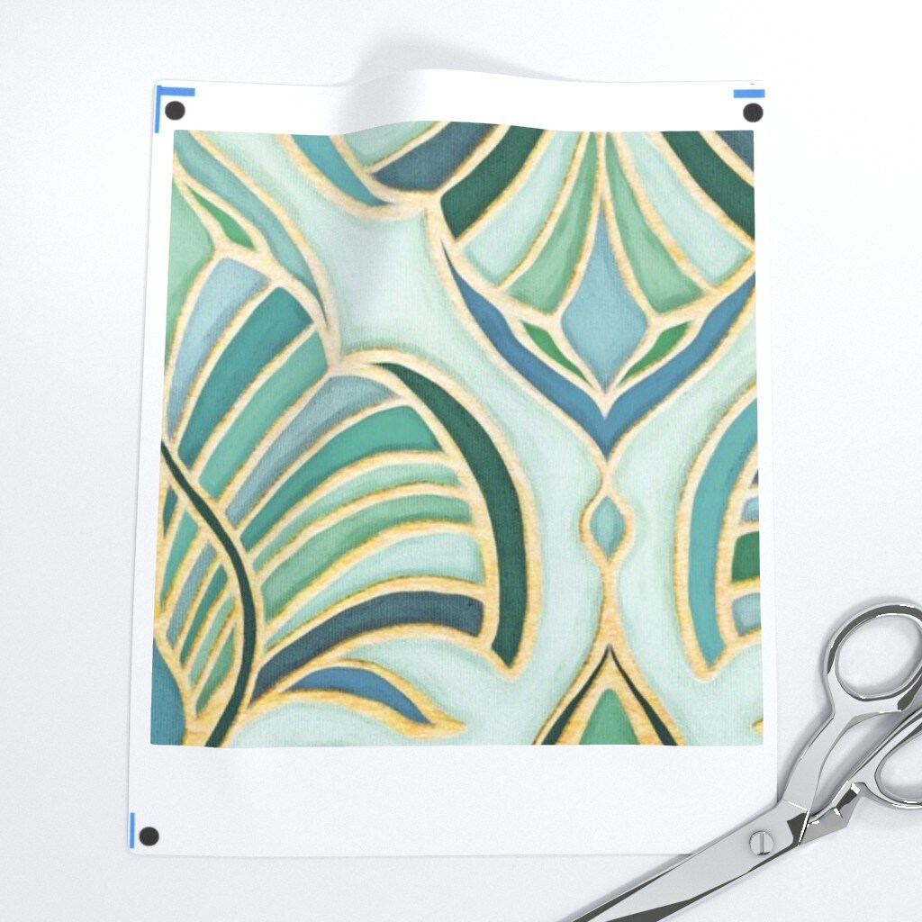 Art Nouveau Cool Colors Golden Yellow Jade Green Mint And Emerald Sage Teal Enamel Effect Lotus Fans Custom Pre-pasted Wallpaper by Spoonflower Pre-Pasted Wallpaper 2FT Wide