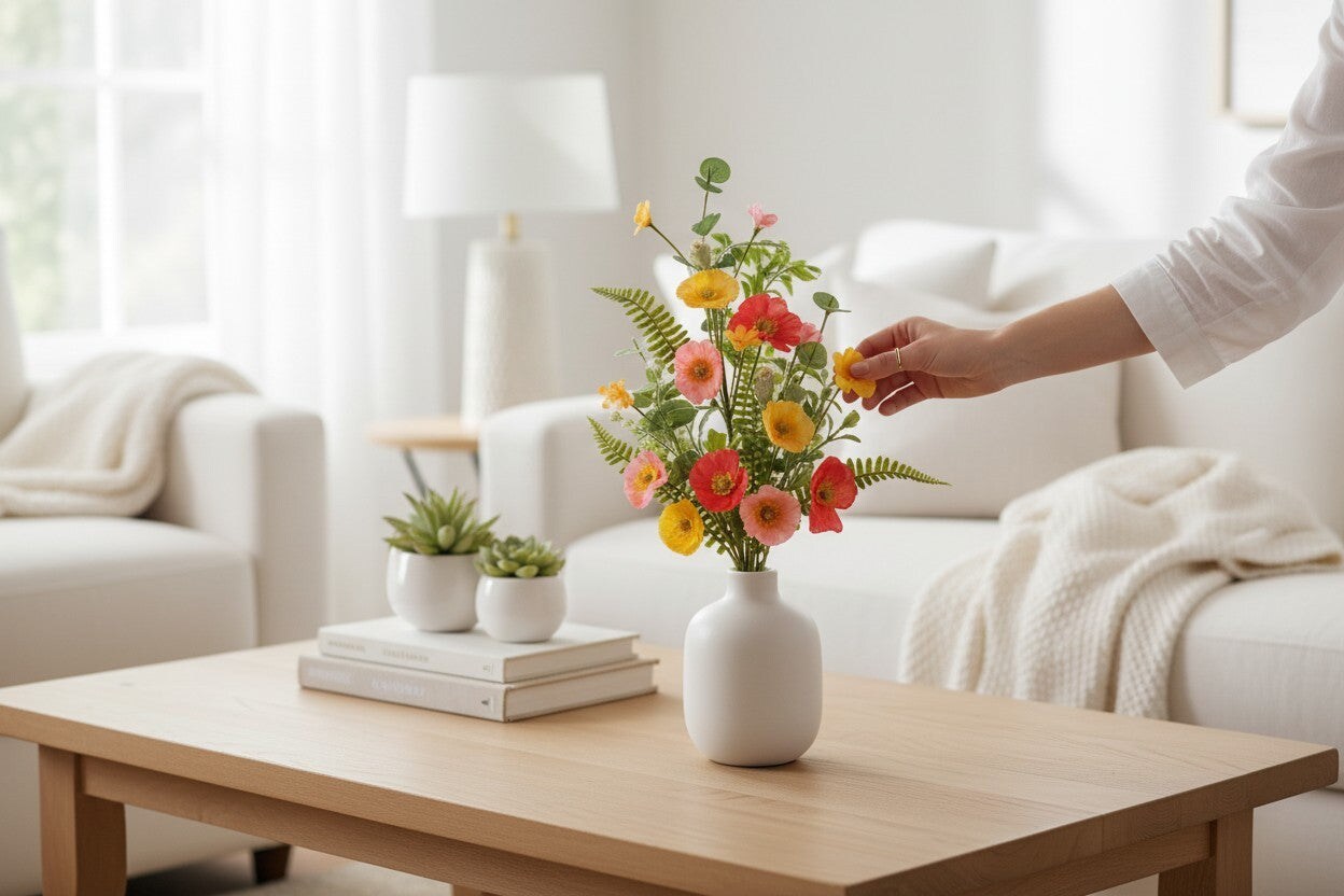 Artificial Wildflower Poppy Spray Orange Yellow Salmon Floral Stem 26 Inch-FH8228E8