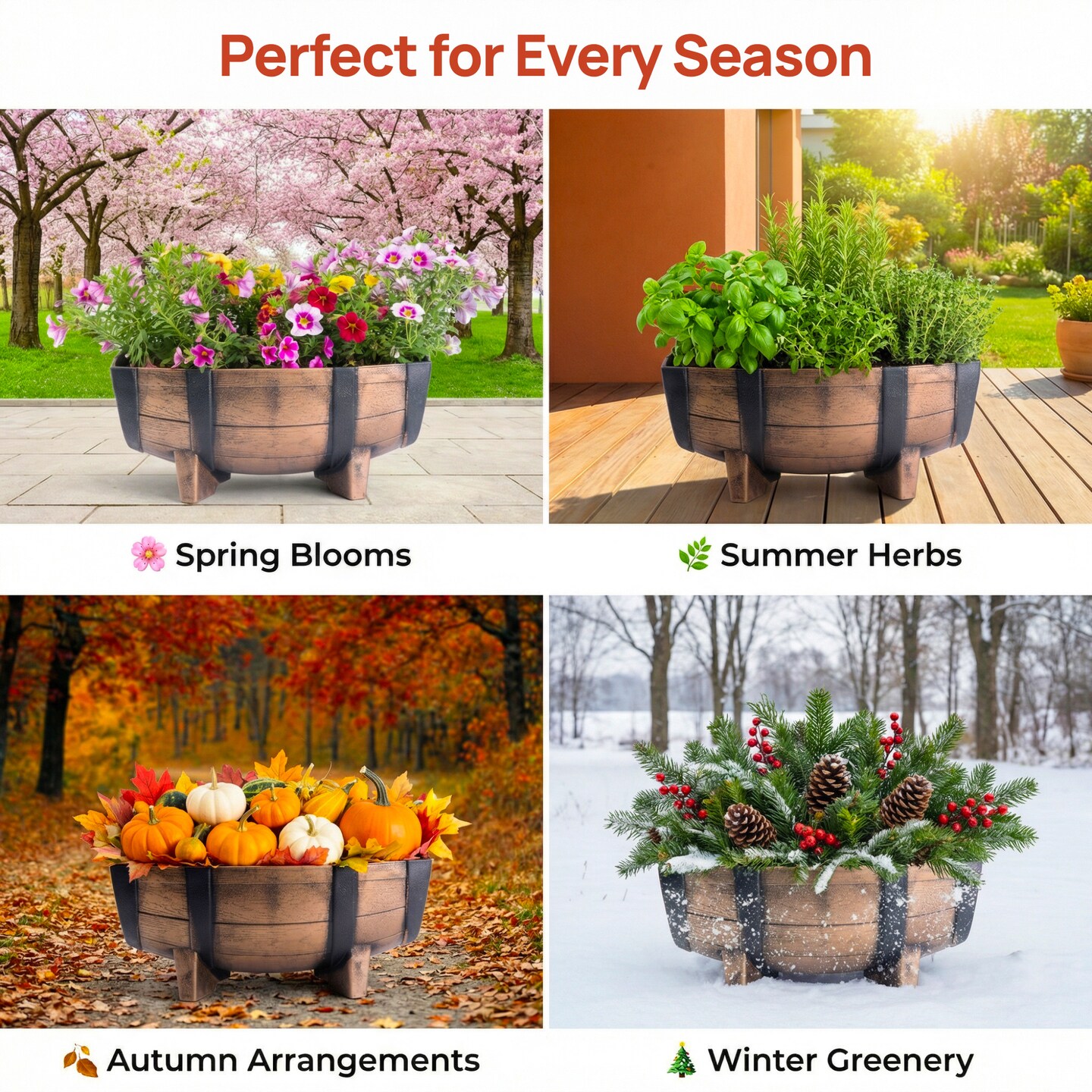 Rustic Wood- Look Plastic Half Barrel Flower Pot Garden Planter, Pack of 2