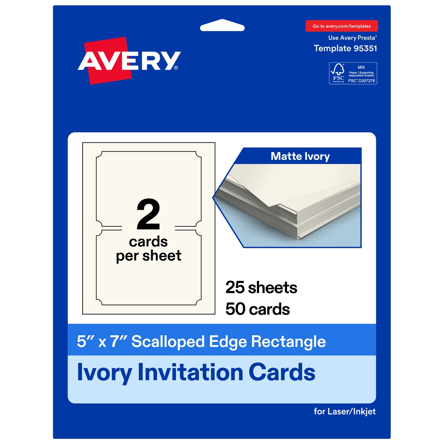 Avery Matte Ivory Invitation Cards, 5" x 7" Rectangle Scalloped Edge