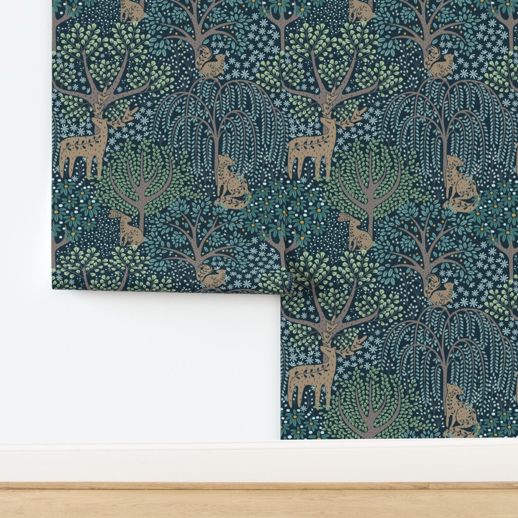 Blue Woodland Botanical Green Trees Deer Rabbit Fox Squirrel Flora Fauna Nature Wildlife Custom Pre-pasted Wallpaper by Spoonflower Pre-Pasted Wallpaper 2FT Wide