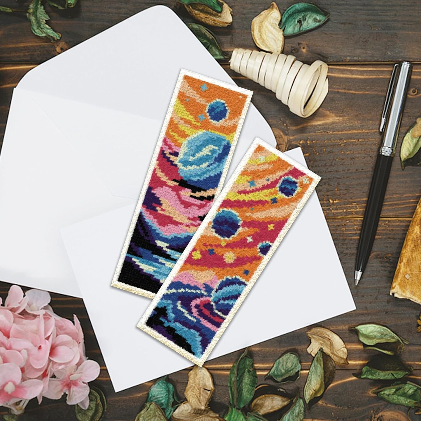 6PCS Cosmic Planet Cross Stitch Bookmark Kit – Beginner-Friendly DIY Stamped Embroidery for Adults, Handcrafted Bookmarks with Instructions