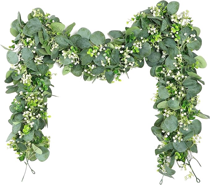 Eucalyptus Garland, 2 Packs 5.9FT Greenery Garland with Gypsophila Flowers Artificial Faux Silver Dollar Eucalyptus Leaves Fake Vines for Indoor Outdoor Table Mantle Home Party Wedding Decor