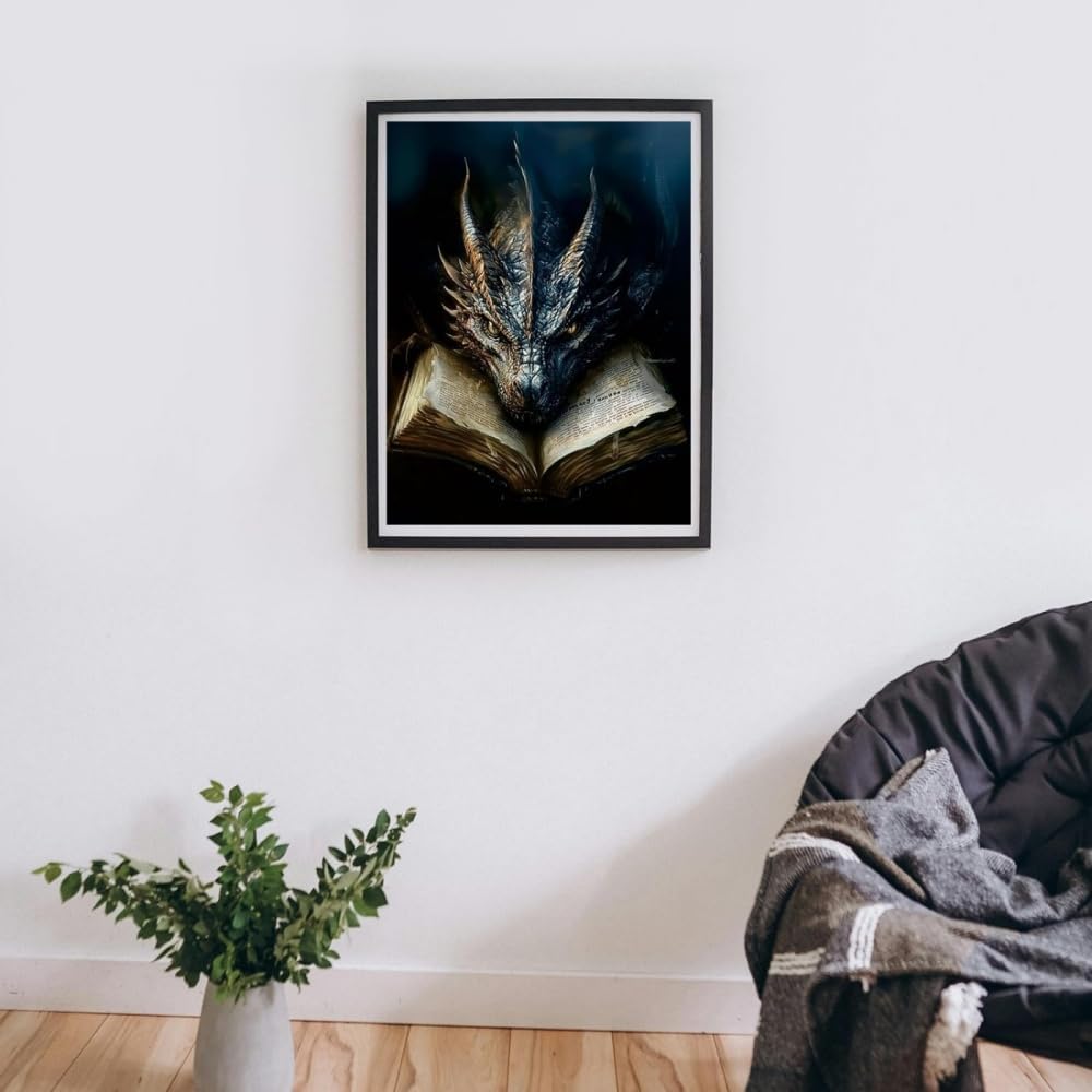 Dragon Book Stamped Cross Stitch Kit for Beginners – 11.8" x 15.8" Wall Art Embroidery Craft for Adults