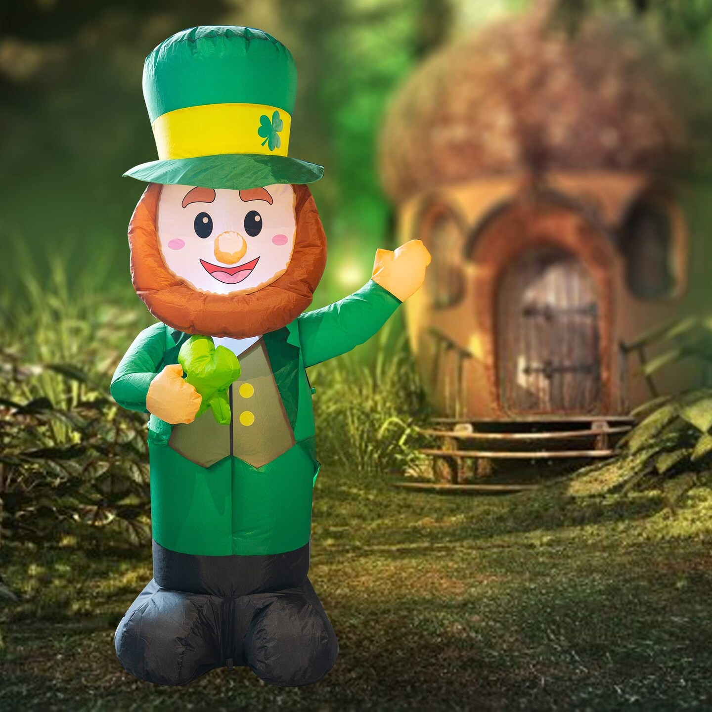 4 Feet Inflatable St Patrick's Day Decoration, Blow Up Leprechaun with Green Hat and Lucky Clover in Hand for Indoor Outdoor Lawn Yard