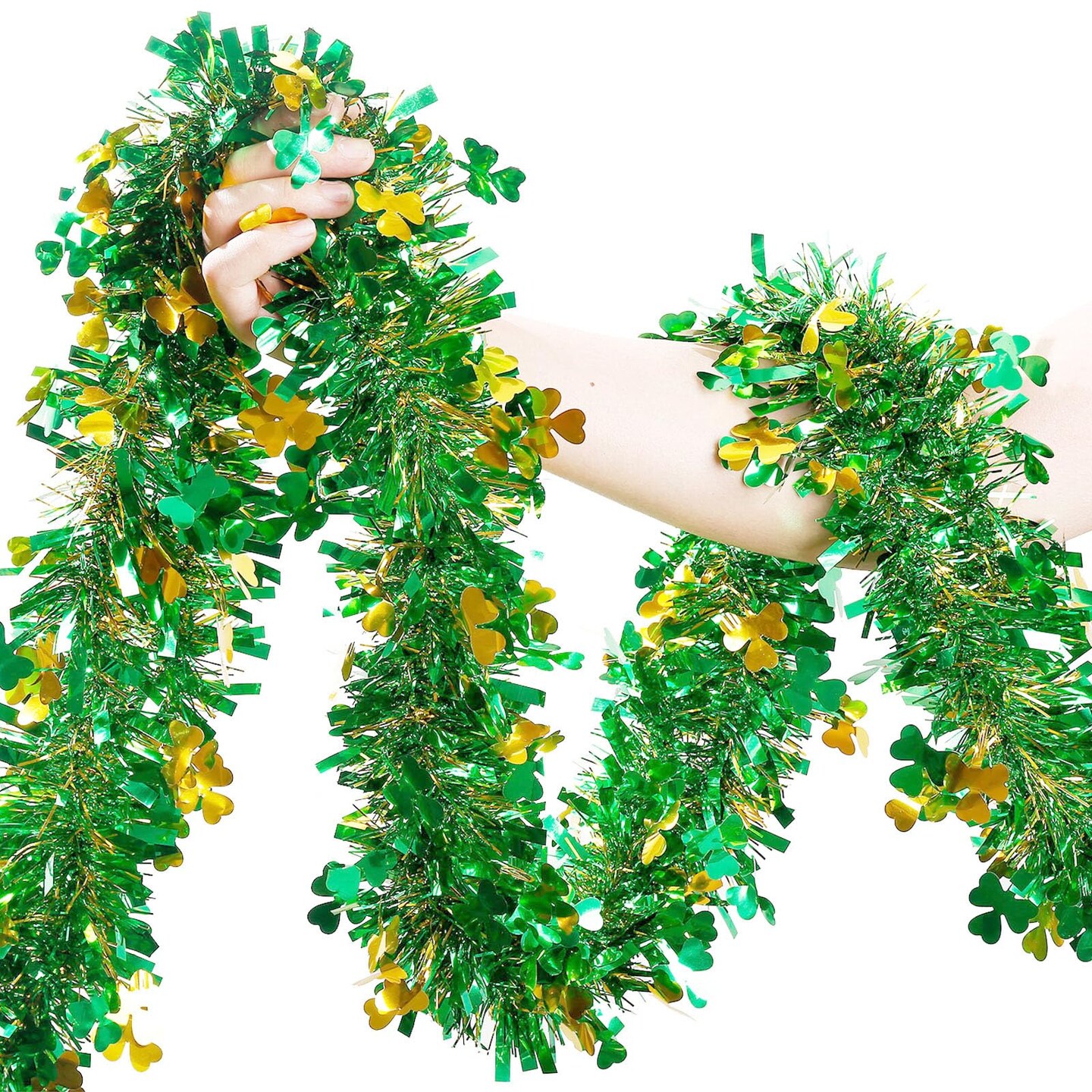 St Patricks Day Garland Decor,50Ft Glitter Tinsel Irish Shamrock Garland Decorations for Tree Mantle Bedroom Office Classroom Party Indoor Outdoor Holiday Home Green Gold