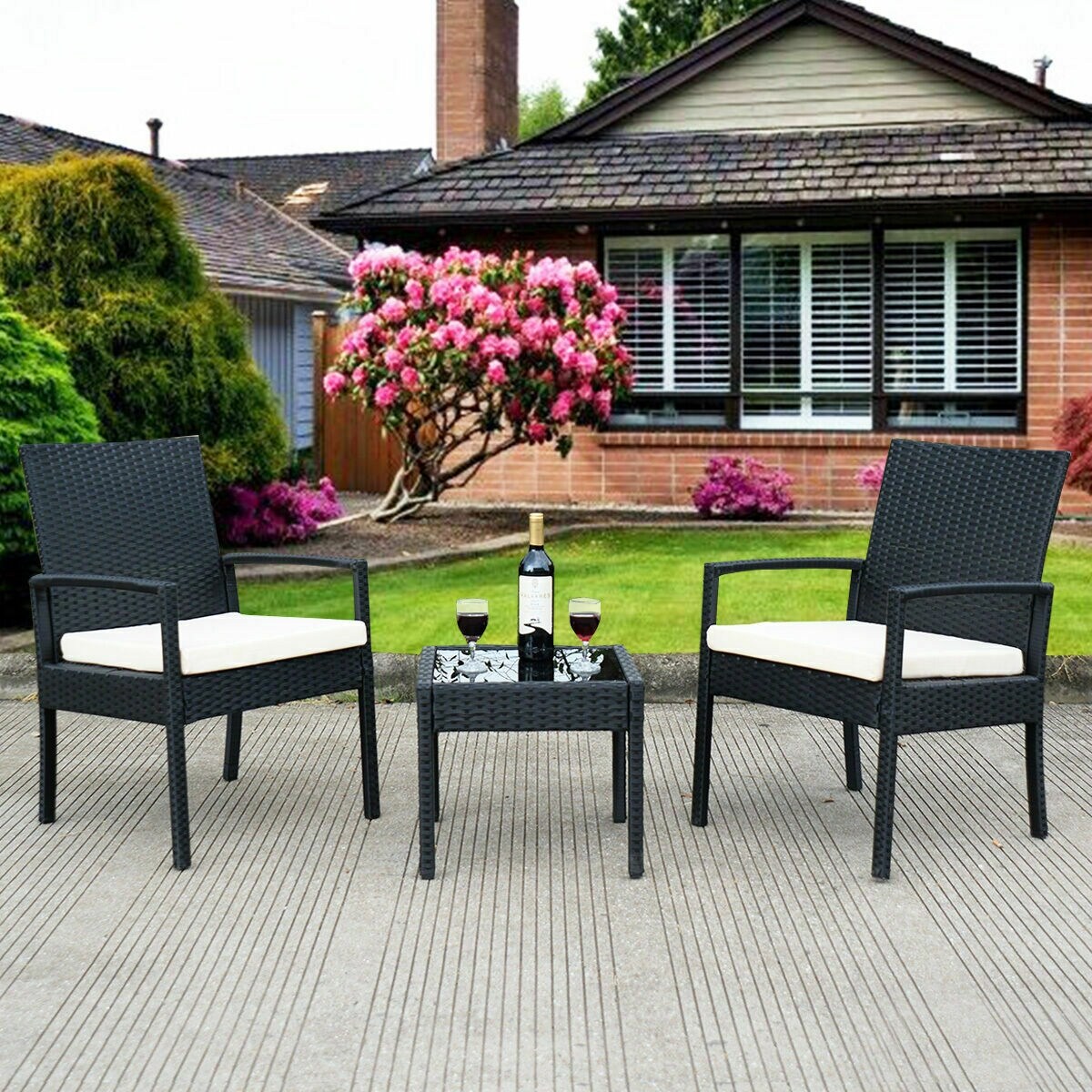 Black-White Rattan Steel 3-Piece Outdoor Patio Set with Cushions and Table