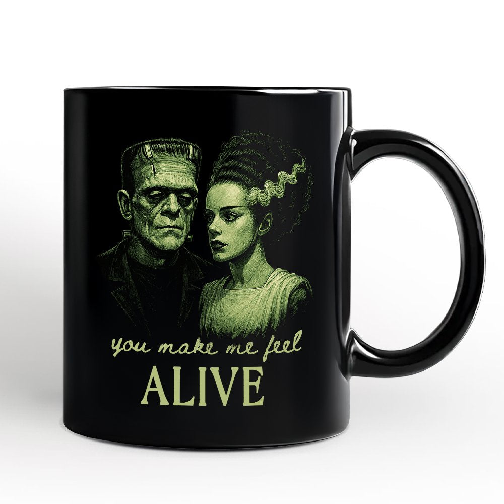 Frankenstein And Bride You Make Me Feel Alive Mug, Valentine Retro Horror Couples Love Gift