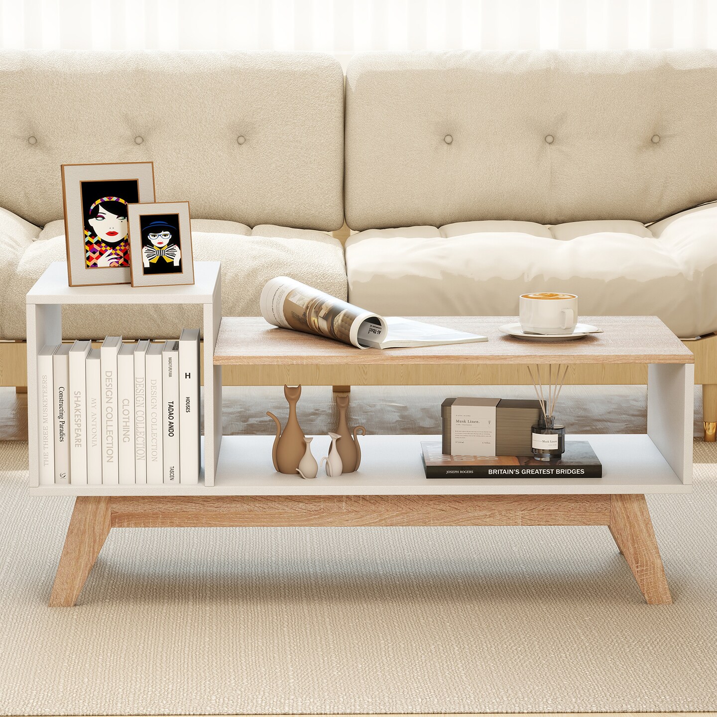 Coffee Table 43 Inch with Stepped Tabletop and Storage Compartments