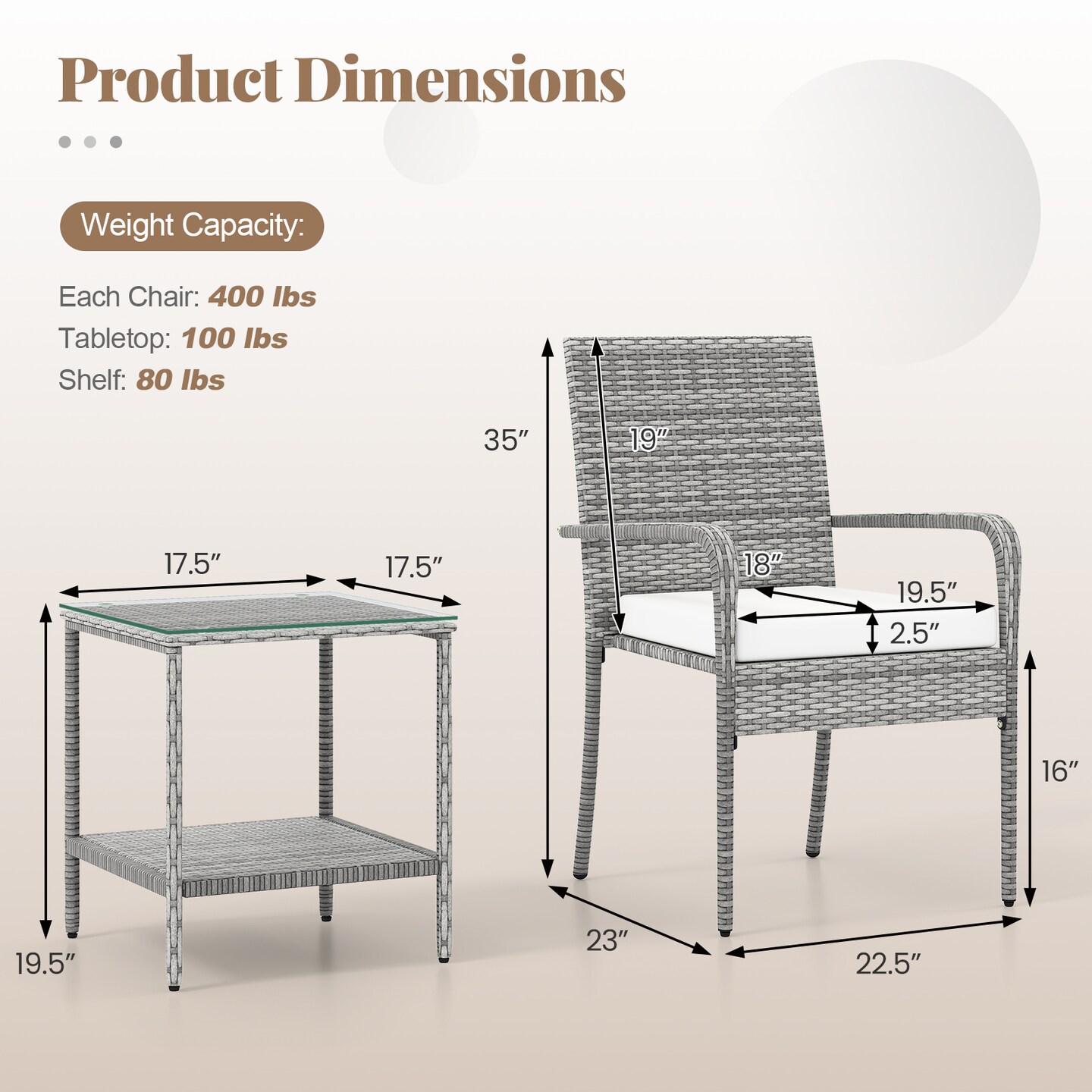 Mix Grey Rattan 3-Piece Patio Bistro Set with Cushions and Glass Table