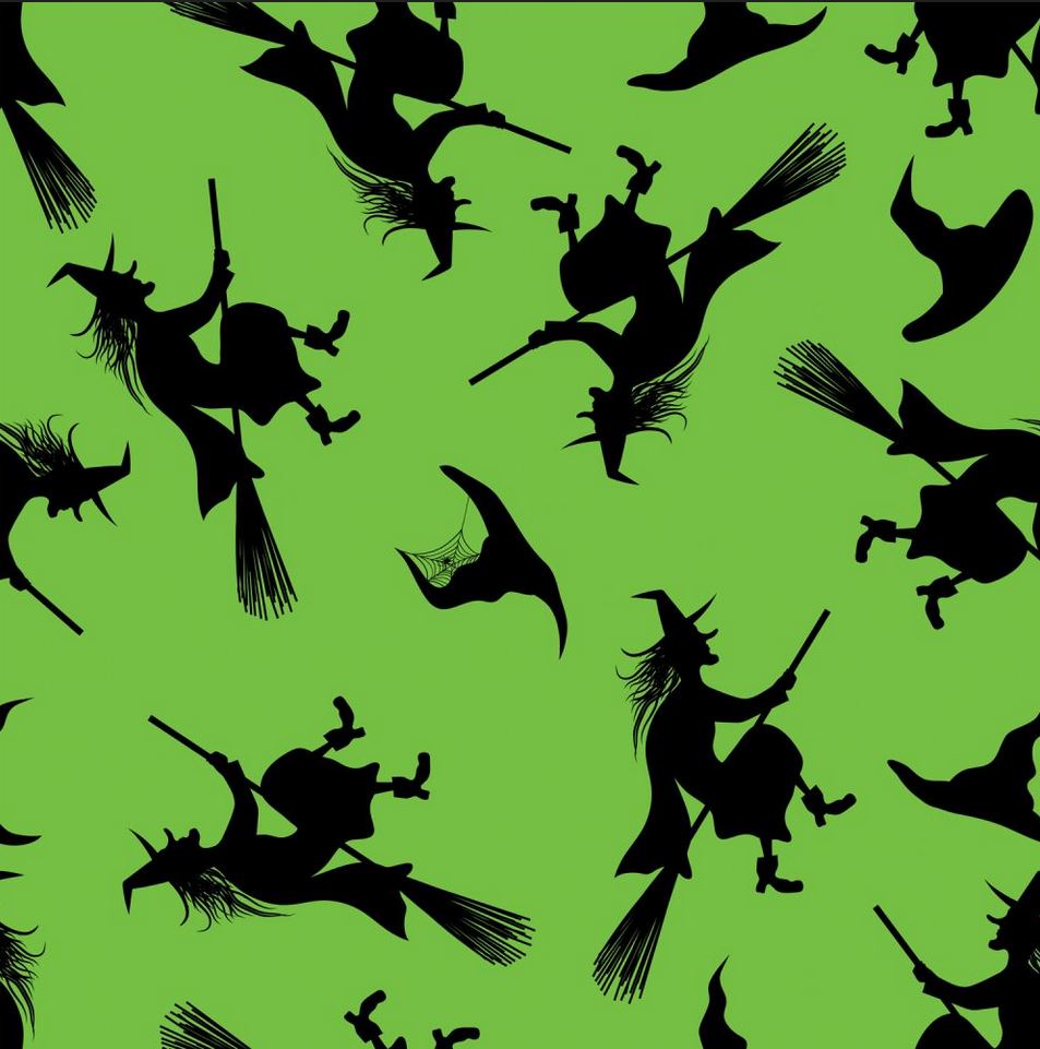 Halloween Flying Witches on Broomsticks on Green 100% Cotton Fabric