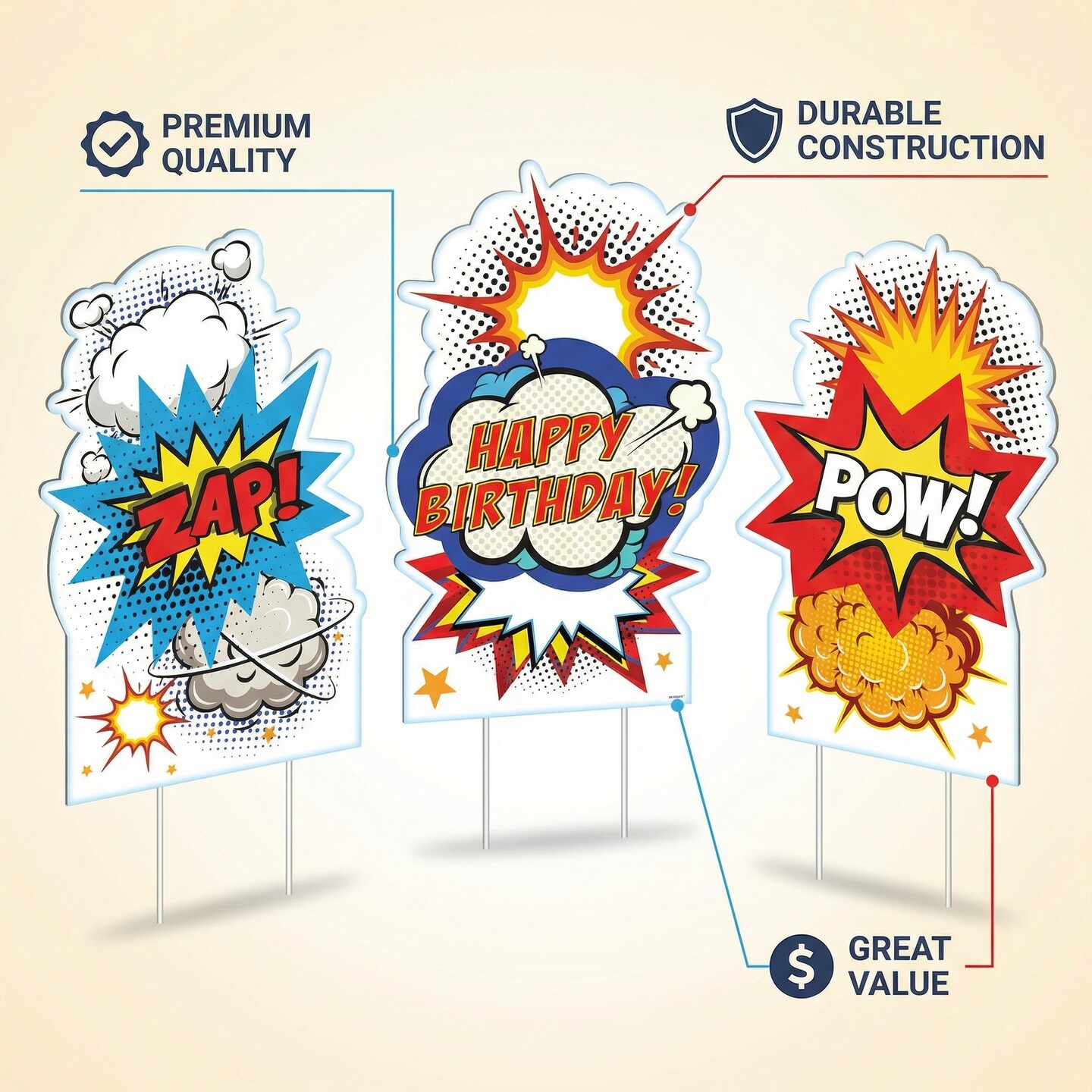Superhero Birthday Party Yard Signs with Stakes, 24.8" x 15.8", Assorted Designs, Pack of 3