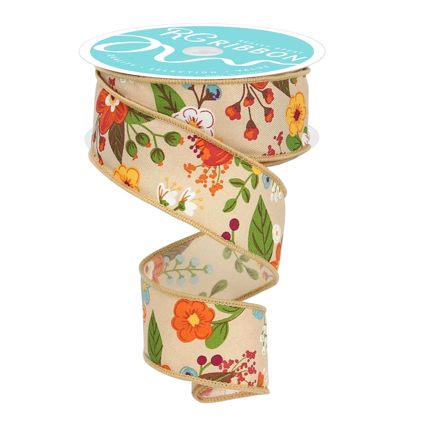 RG Ribbon Beige with Garden Flower Print, Wired Edges, 1.5