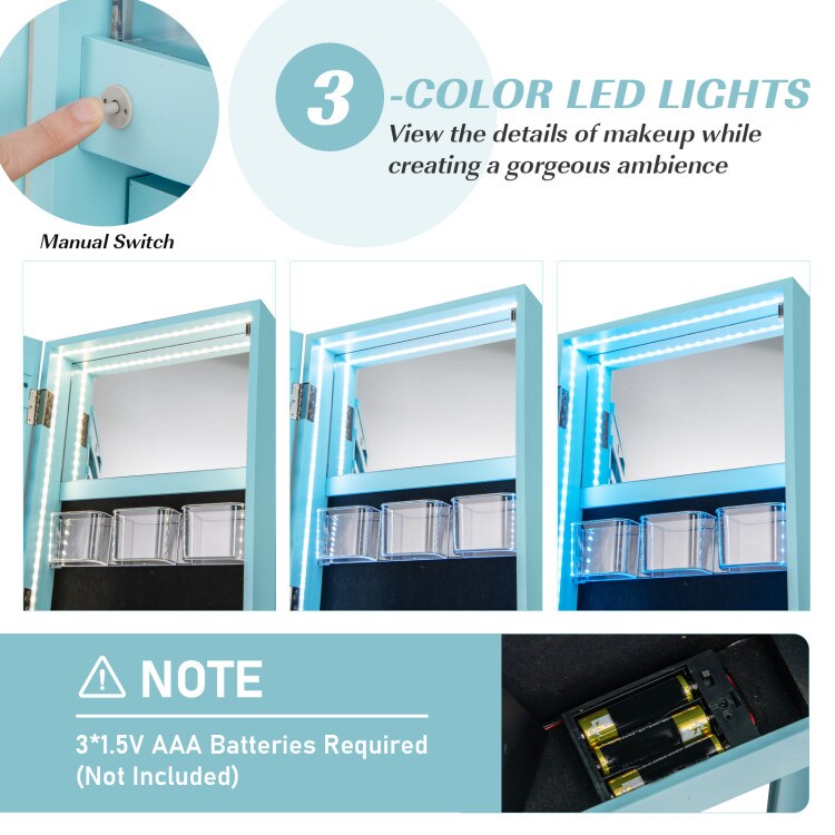 Freestanding Jewelry Armoire with Mirror Lockable LED Lights Swivel Base