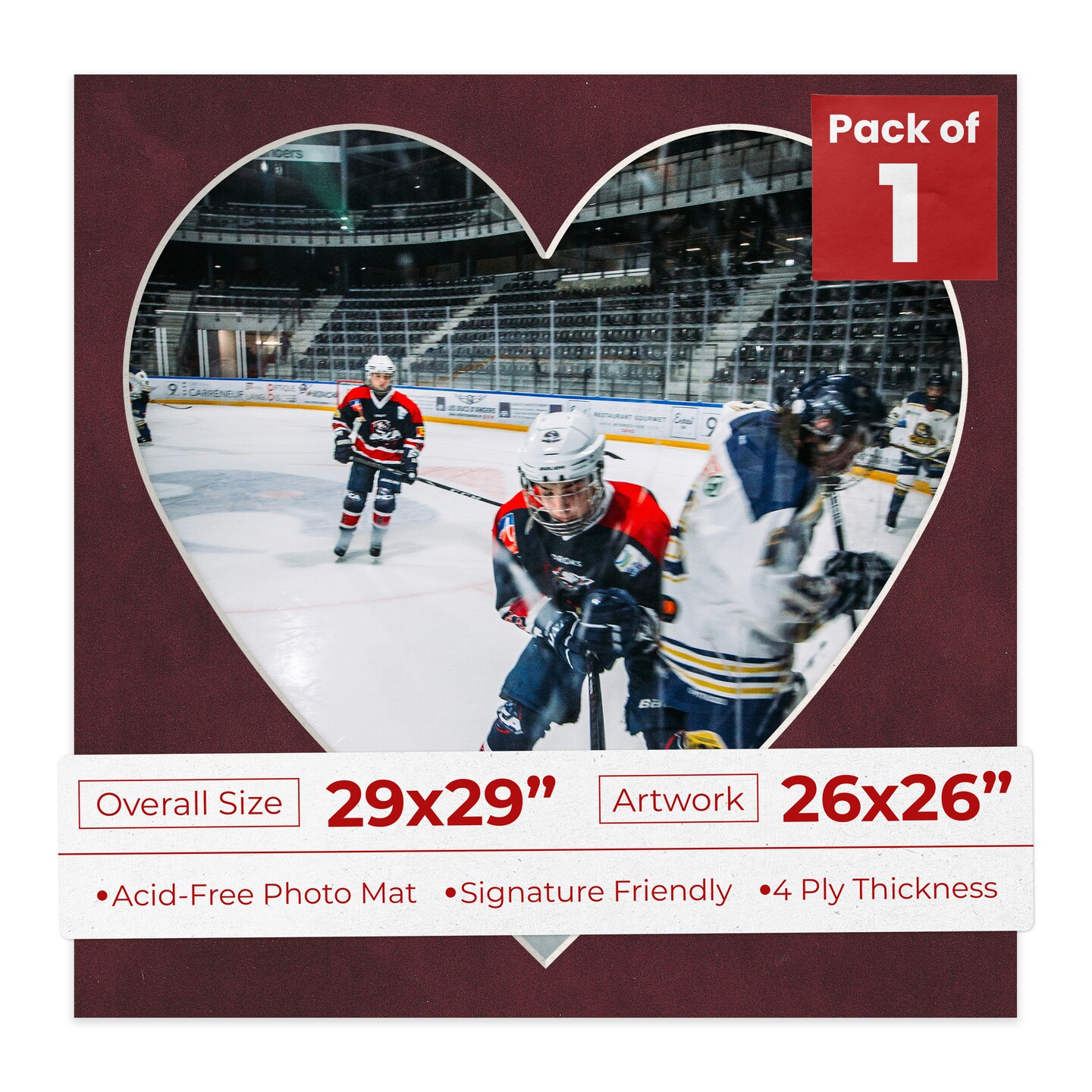 Dark Red Suede Mat Board for 29x29 Frames - Heart Opening for 26x26 Photos