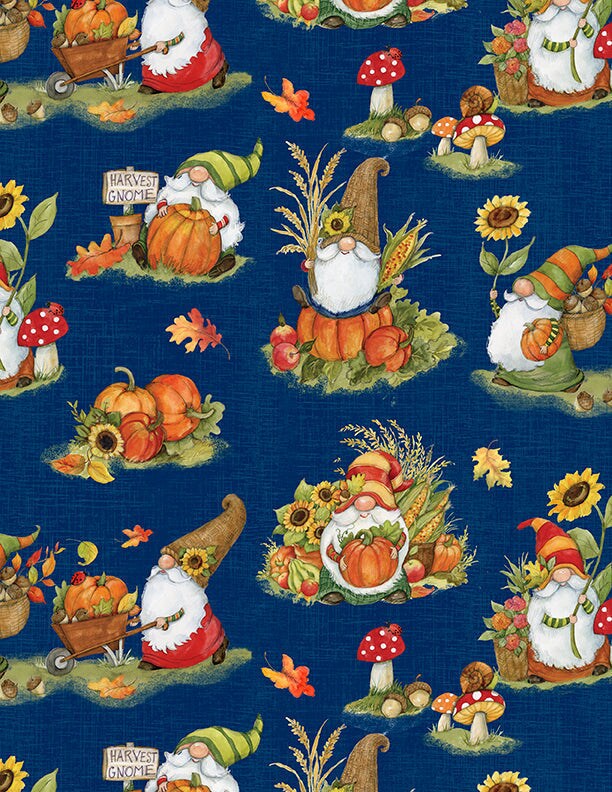 Wilmington Prints Thanksgiving Gnomes on Blue Gnome-kin Patch 100% Cotton Price per Yard