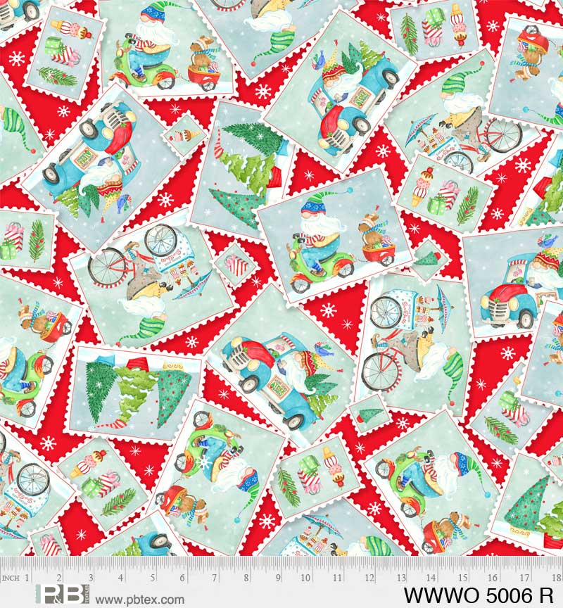P & B Textiles Christmas Gnomes Postcard Toss on Red 100% Cotton Fabric Price per Yard
