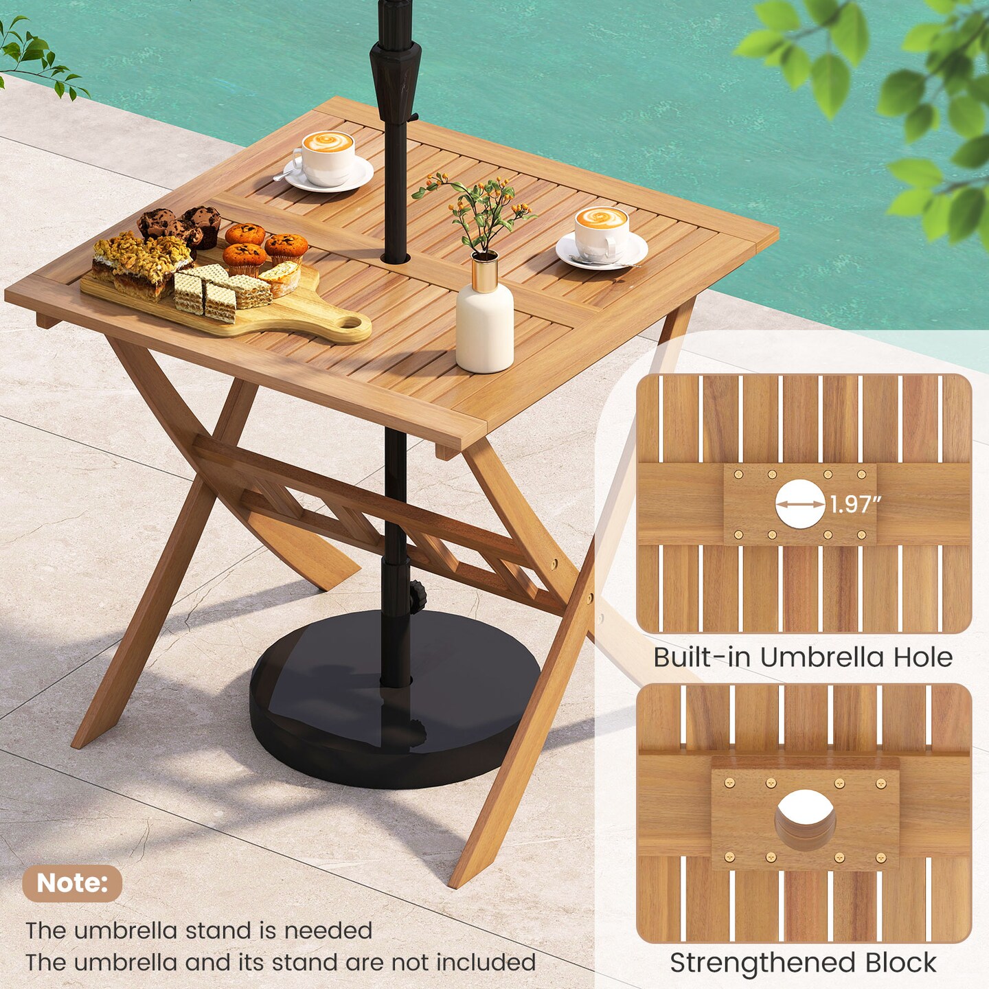 Folding 36-Inch Acacia Wood Patio Table with Umbrella Hole for Outdoor Dining